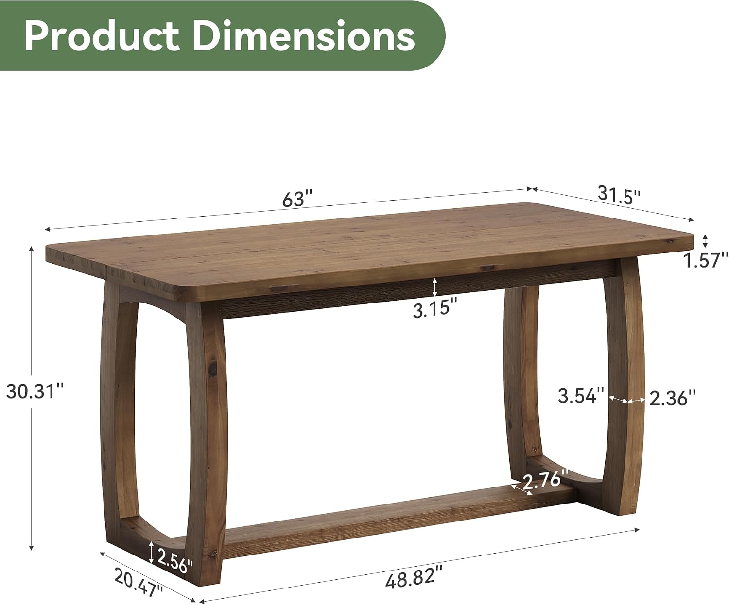 63" Solid Wood Dining Table, Farmhouse Rectangle Kitchen Table