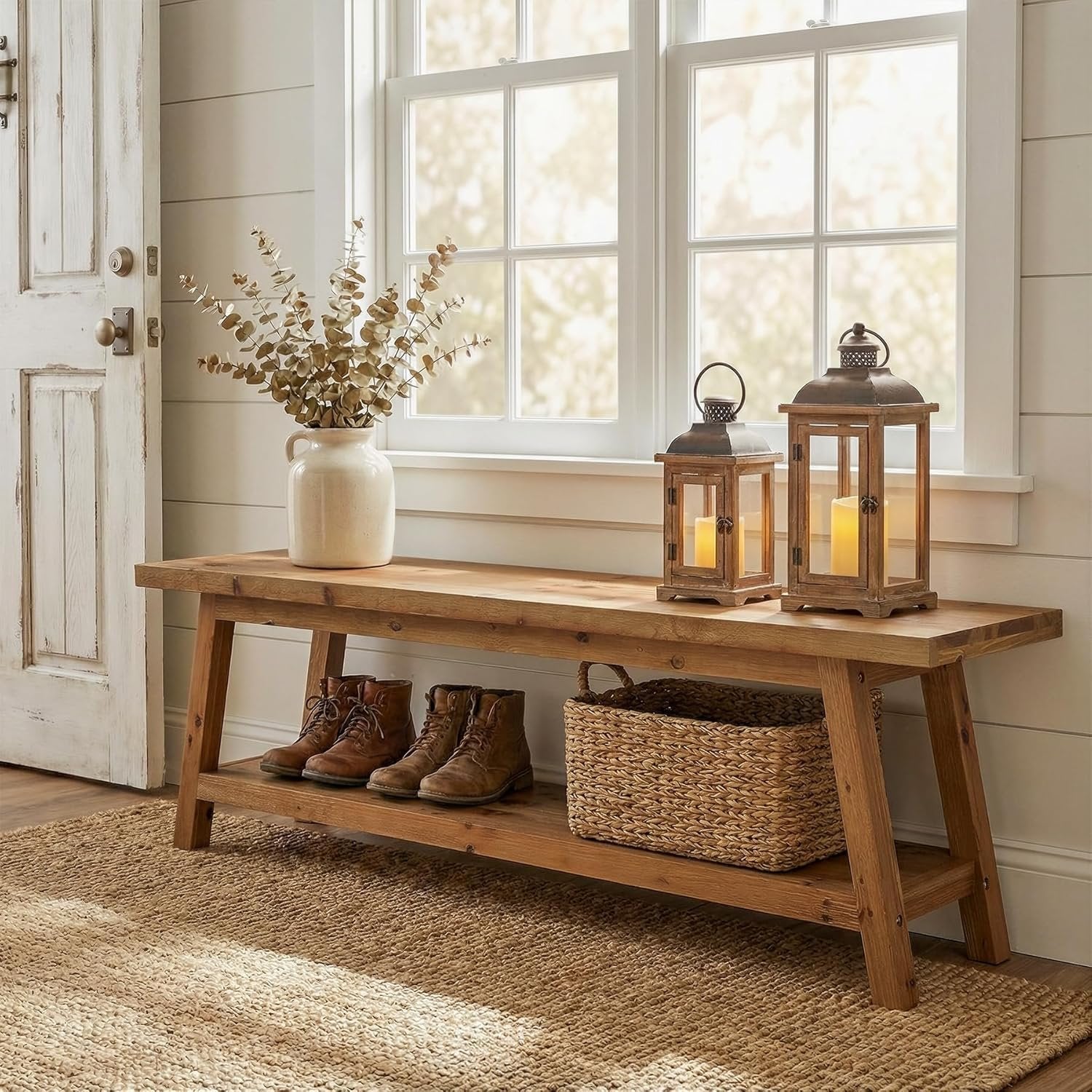 63" Solid Wood Entryway Bench, Hallway Shoe Bench with Storage Shelf