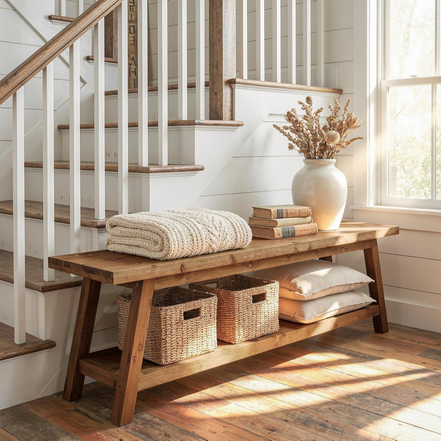 63" Solid Wood Entryway Bench, Hallway Shoe Bench with Storage Shelf