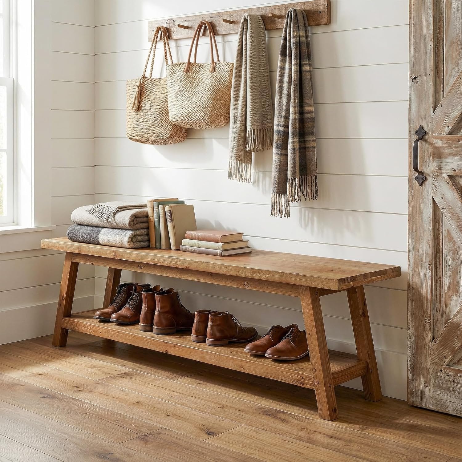 63" Solid Wood Entryway Bench, Hallway Shoe Bench with Storage Shelf