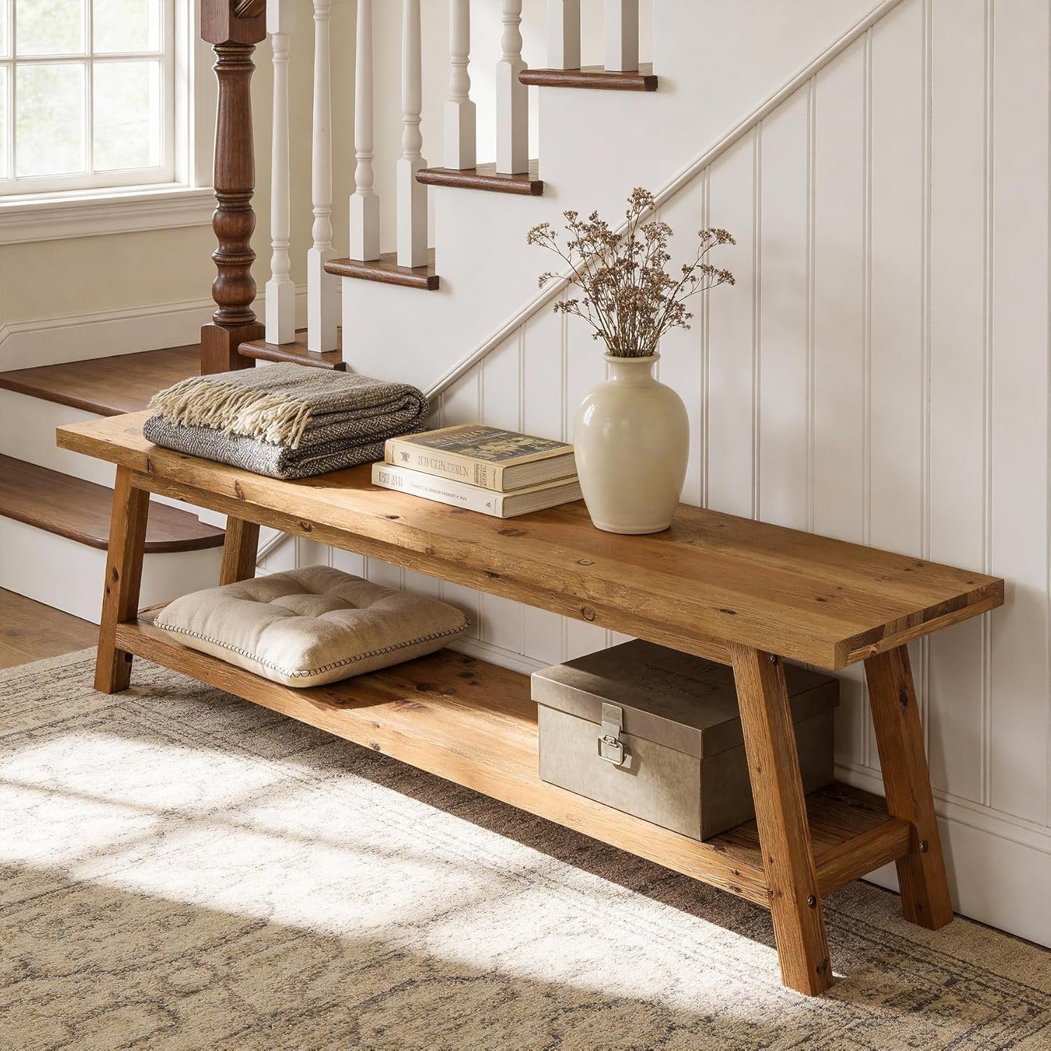 63" Solid Wood Entryway Bench, Hallway Shoe Bench with Storage Shelf