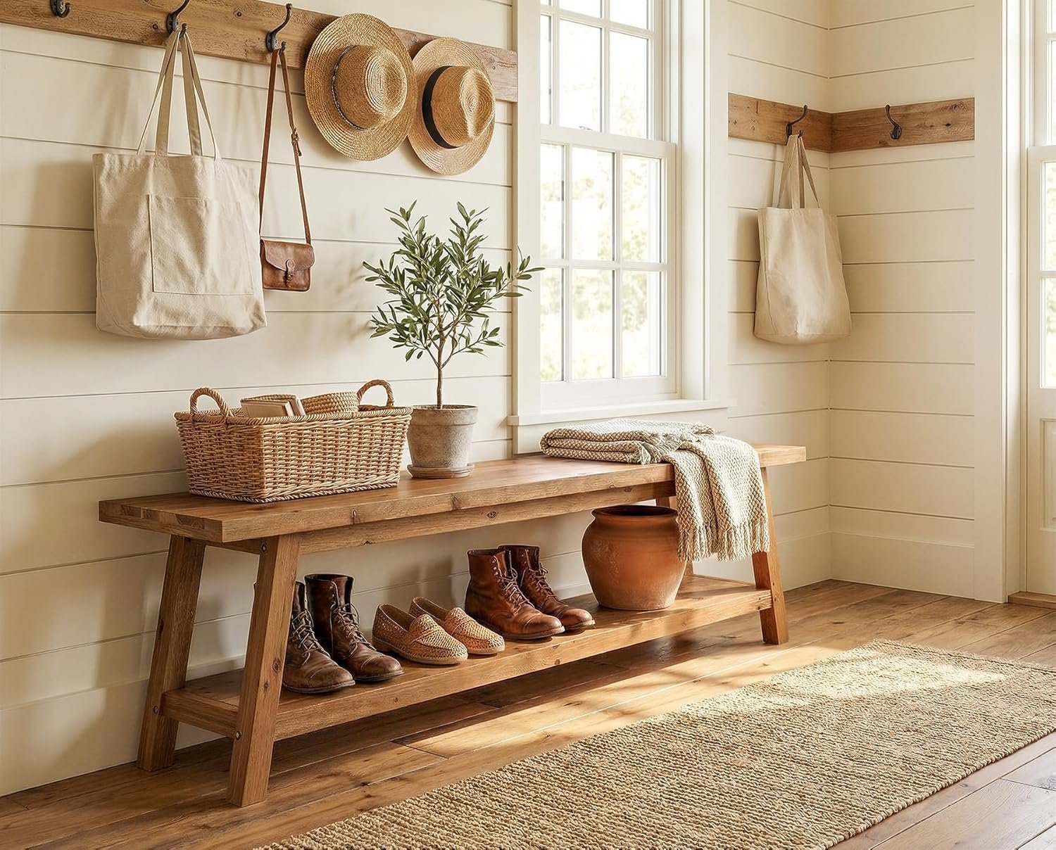 63" Solid Wood Entryway Bench, Hallway Shoe Bench with Storage Shelf