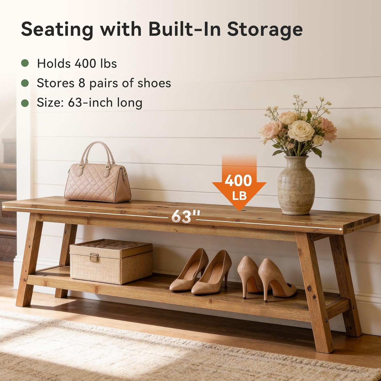 63" Solid Wood Entryway Bench, Hallway Shoe Bench with Storage Shelf
