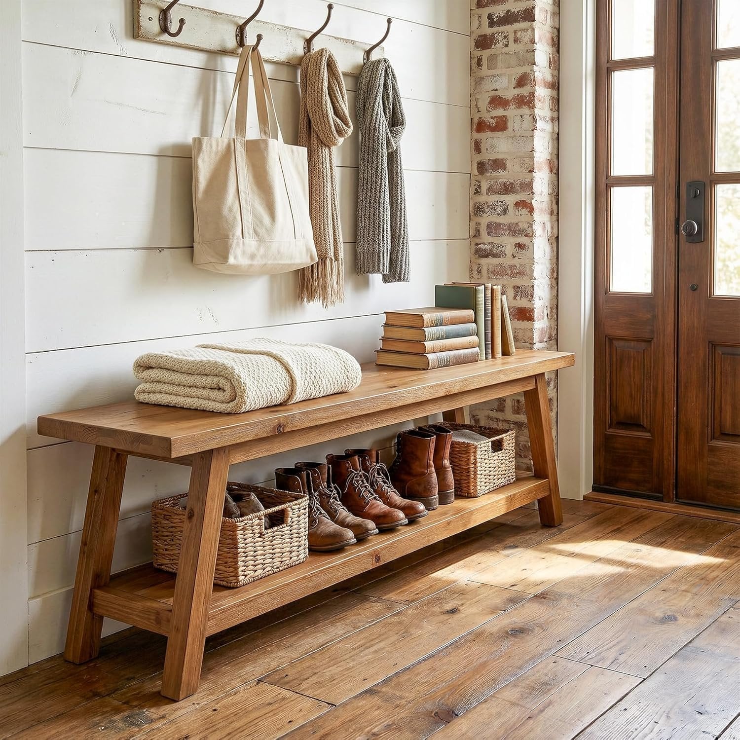63" Solid Wood Entryway Bench, Hallway Shoe Bench with Storage Shelf
