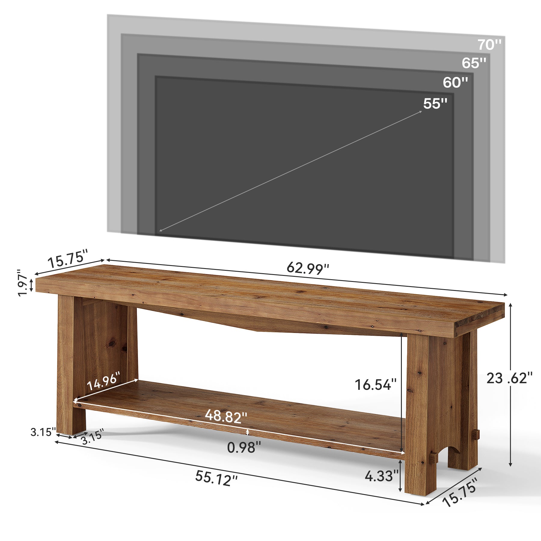 63" Solid Wood TV Stand, Farmhouse Entertainment Center for 55/65/75-Inch TV with Storage Shelves