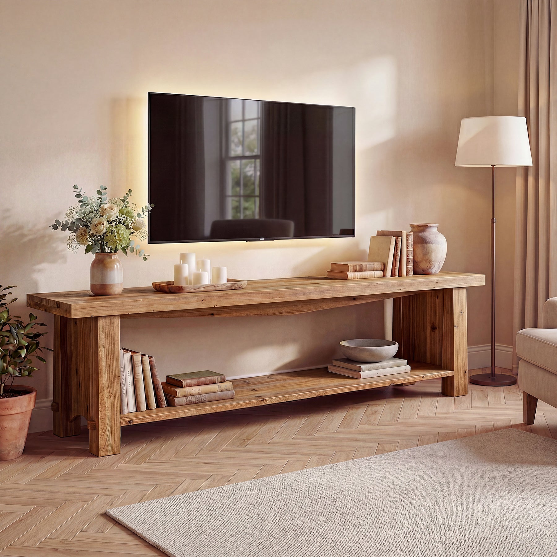 63" Solid Wood TV Stand, Farmhouse Entertainment Center for 55/65/75-Inch TV with Storage Shelves