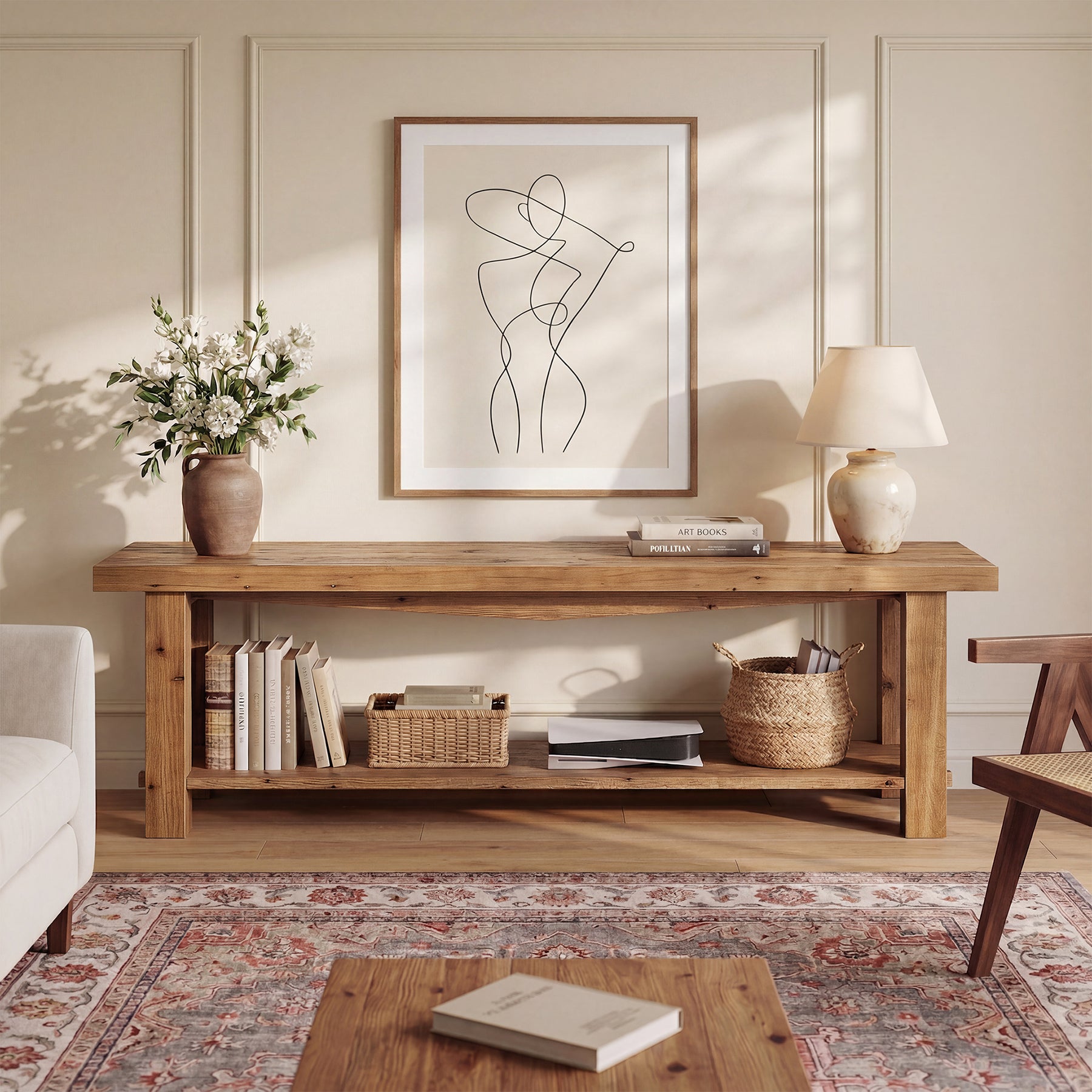 63" Solid Wood TV Stand, Farmhouse Entertainment Center for 55/65/75-Inch TV with Storage Shelves