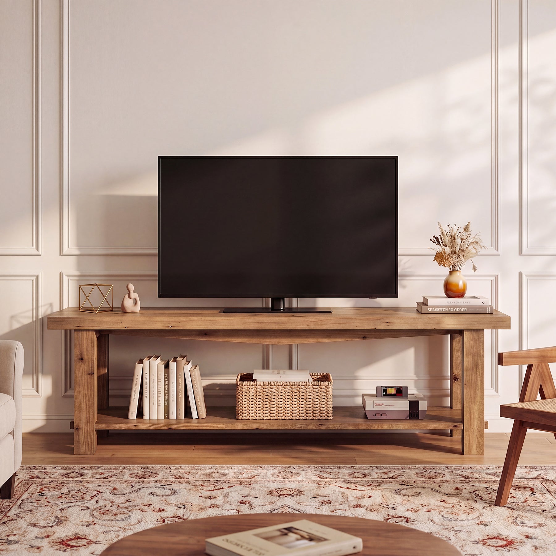 63" Solid Wood TV Stand, Farmhouse Entertainment Center for 55/65/75-Inch TV with Storage Shelves