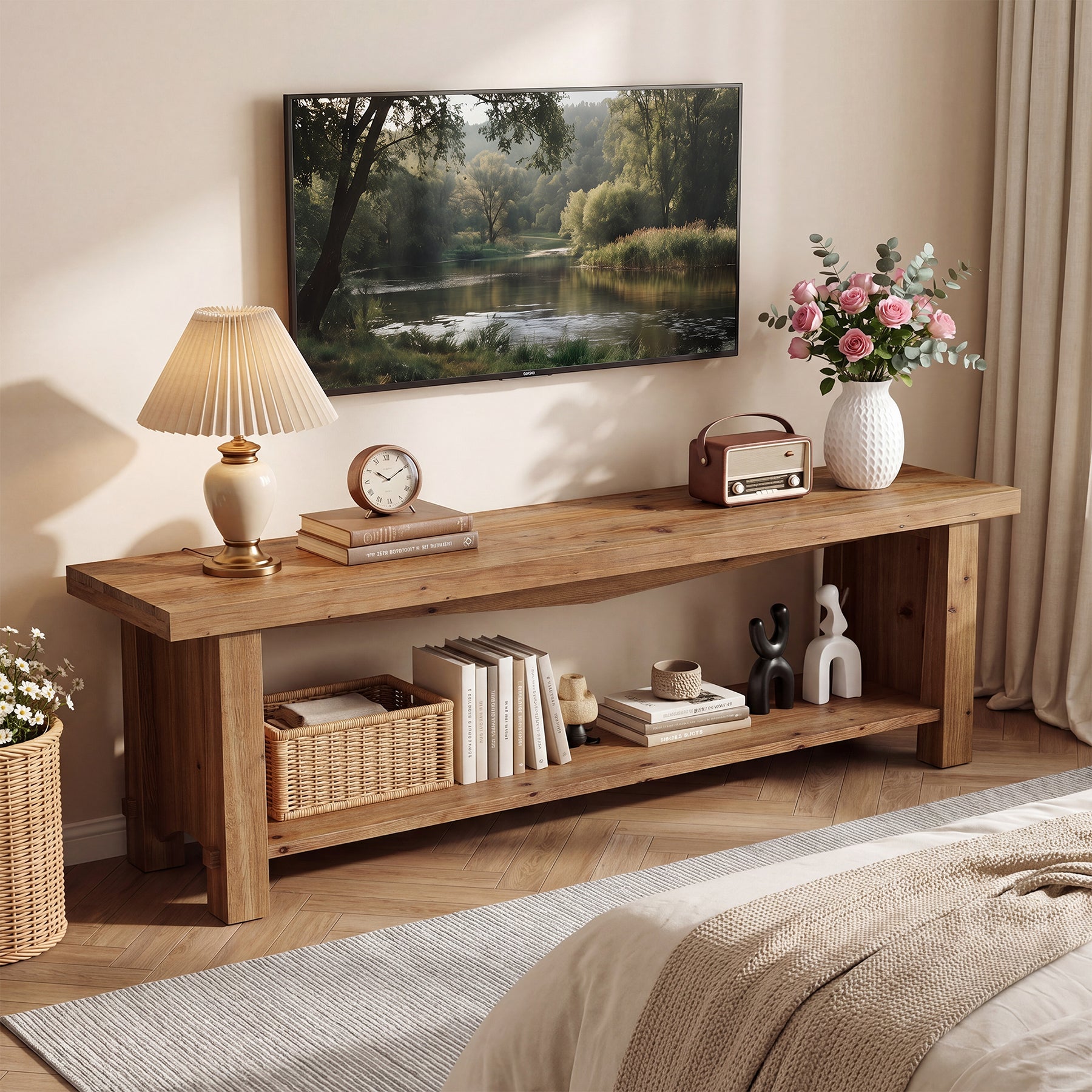 63" Solid Wood TV Stand, Farmhouse Entertainment Center for 55/65/75-Inch TV with Storage Shelves