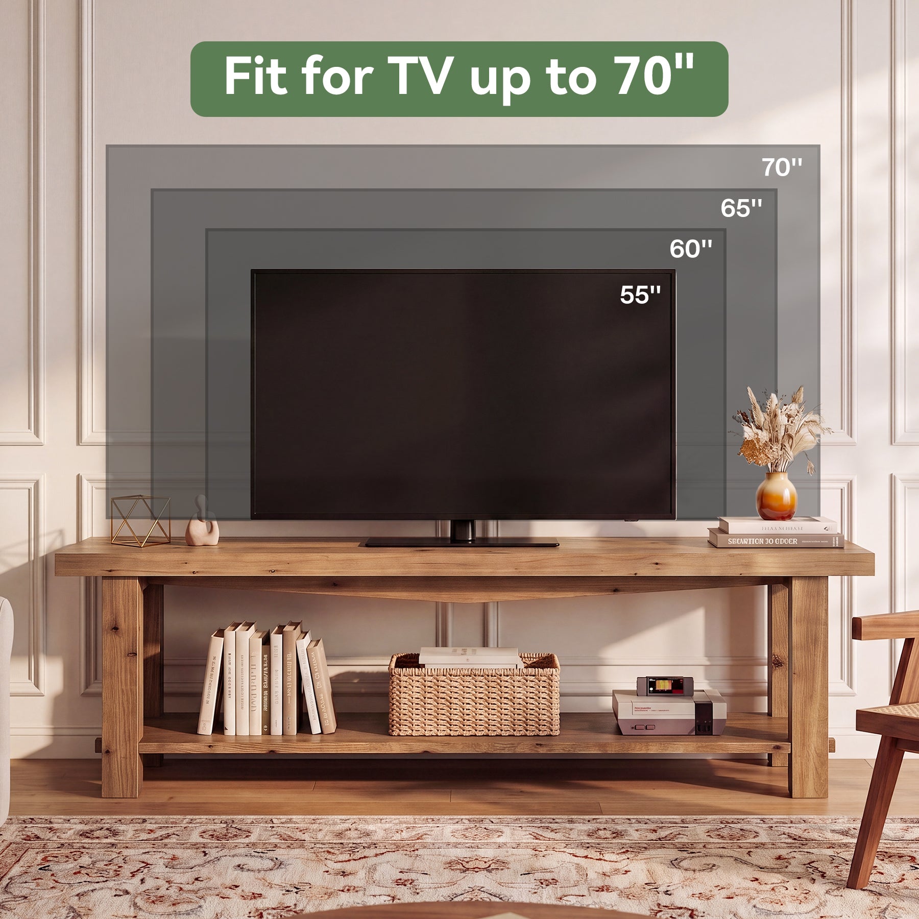 63" Solid Wood TV Stand, Farmhouse Entertainment Center for 55/65/75-Inch TV with Storage Shelves