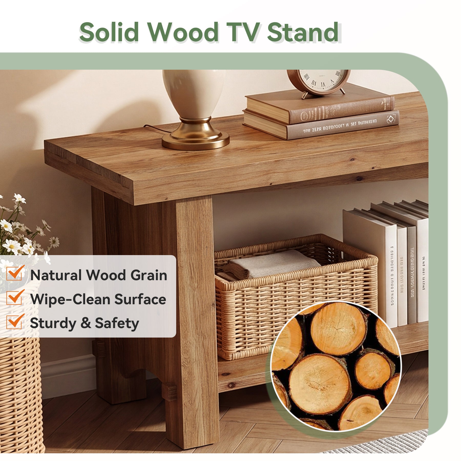 63" Solid Wood TV Stand, Farmhouse Entertainment Center for 55/65/75-Inch TV with Storage Shelves
