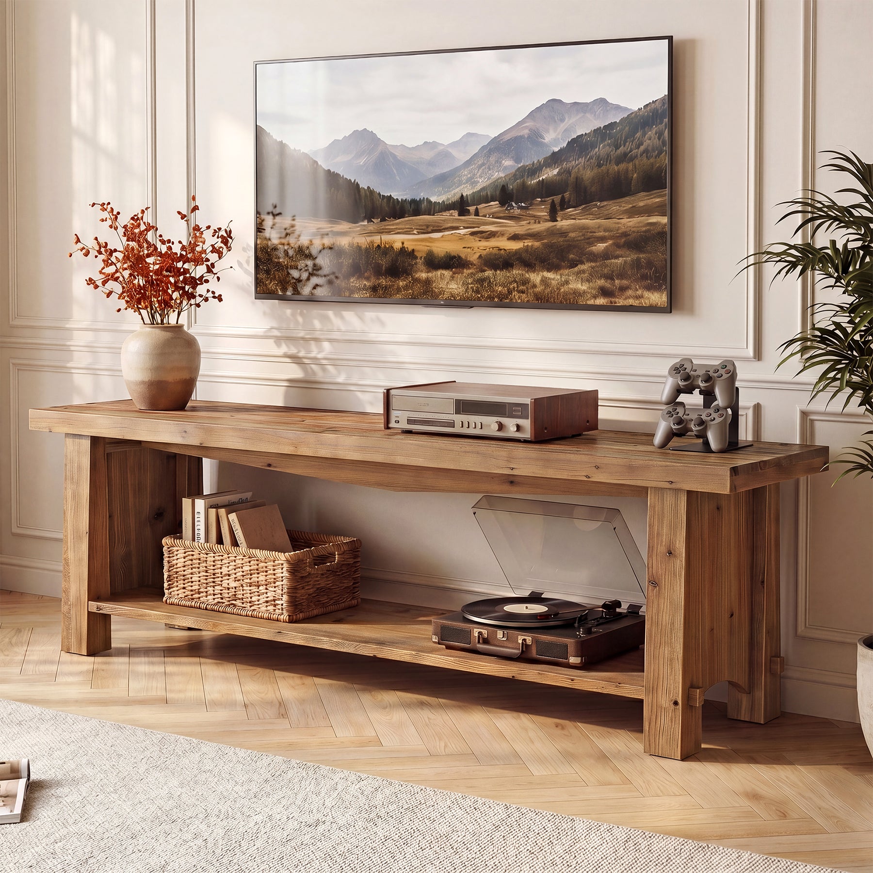 63" Solid Wood TV Stand, Farmhouse Entertainment Center for 55/65/75-Inch TV with Storage Shelves