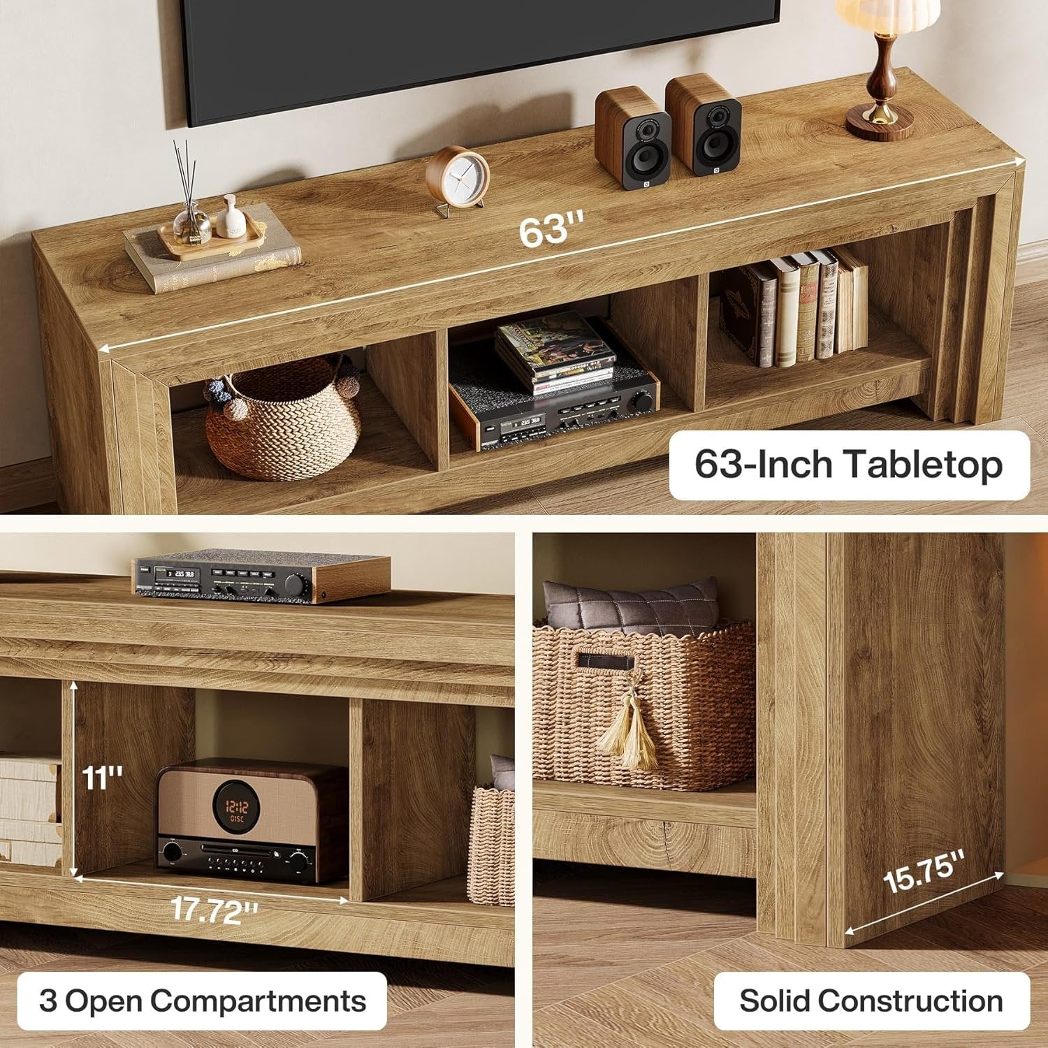 63" TV Stand, Farmhouse Entertainment Center Media Console for TVs Up to 75 Inches