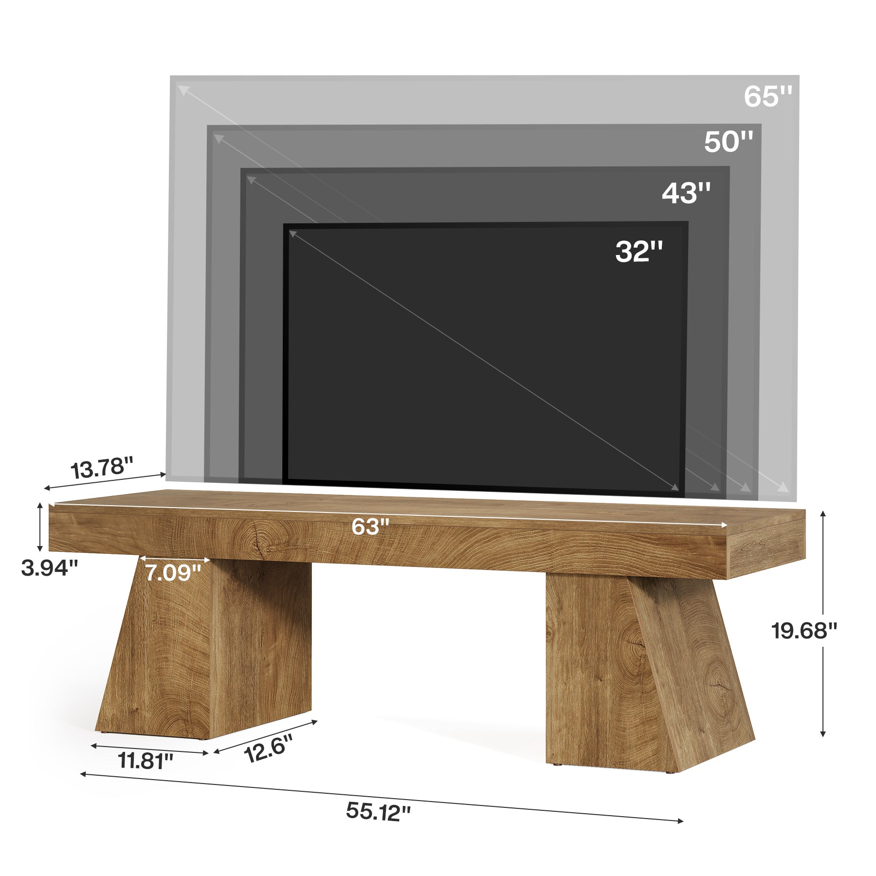63" TV Stand, Farmhouse Entertainment Center with Geometric Pedestal for 55-75-Inch TVs