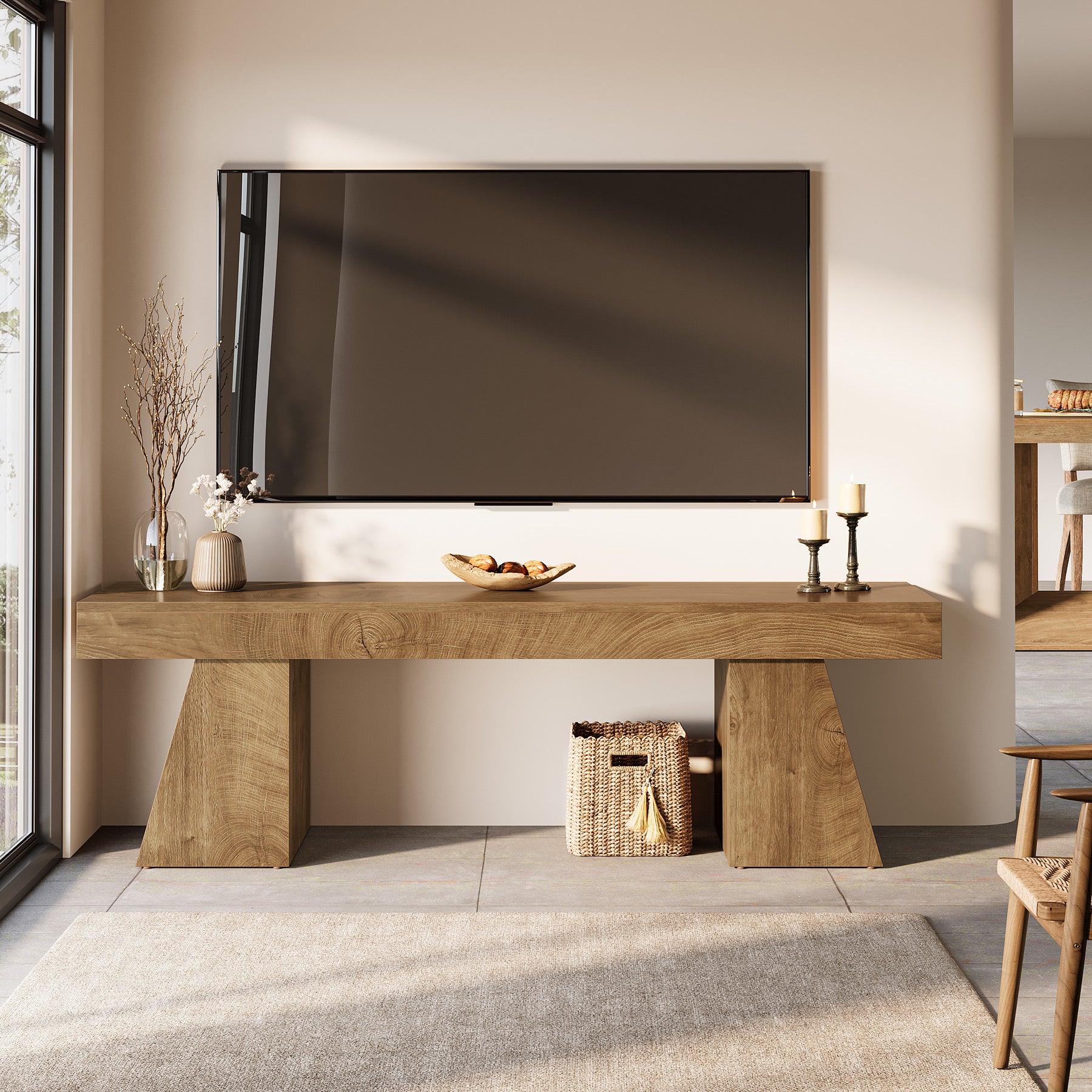 63" TV Stand, Farmhouse Entertainment Center with Geometric Pedestal for 55-75-Inch TVs