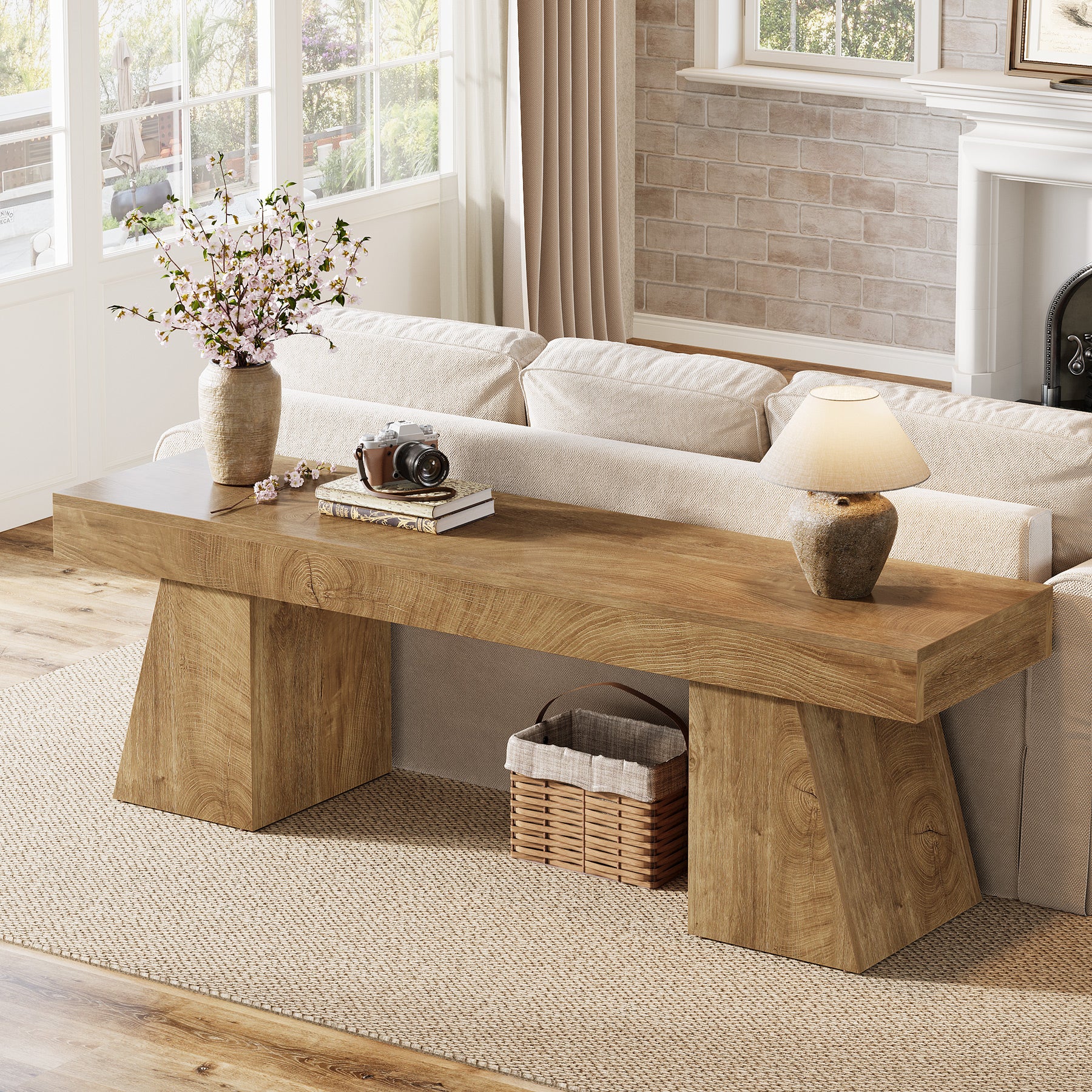 63" TV Stand, Farmhouse Entertainment Center with Geometric Pedestal for 55-75-Inch TVs