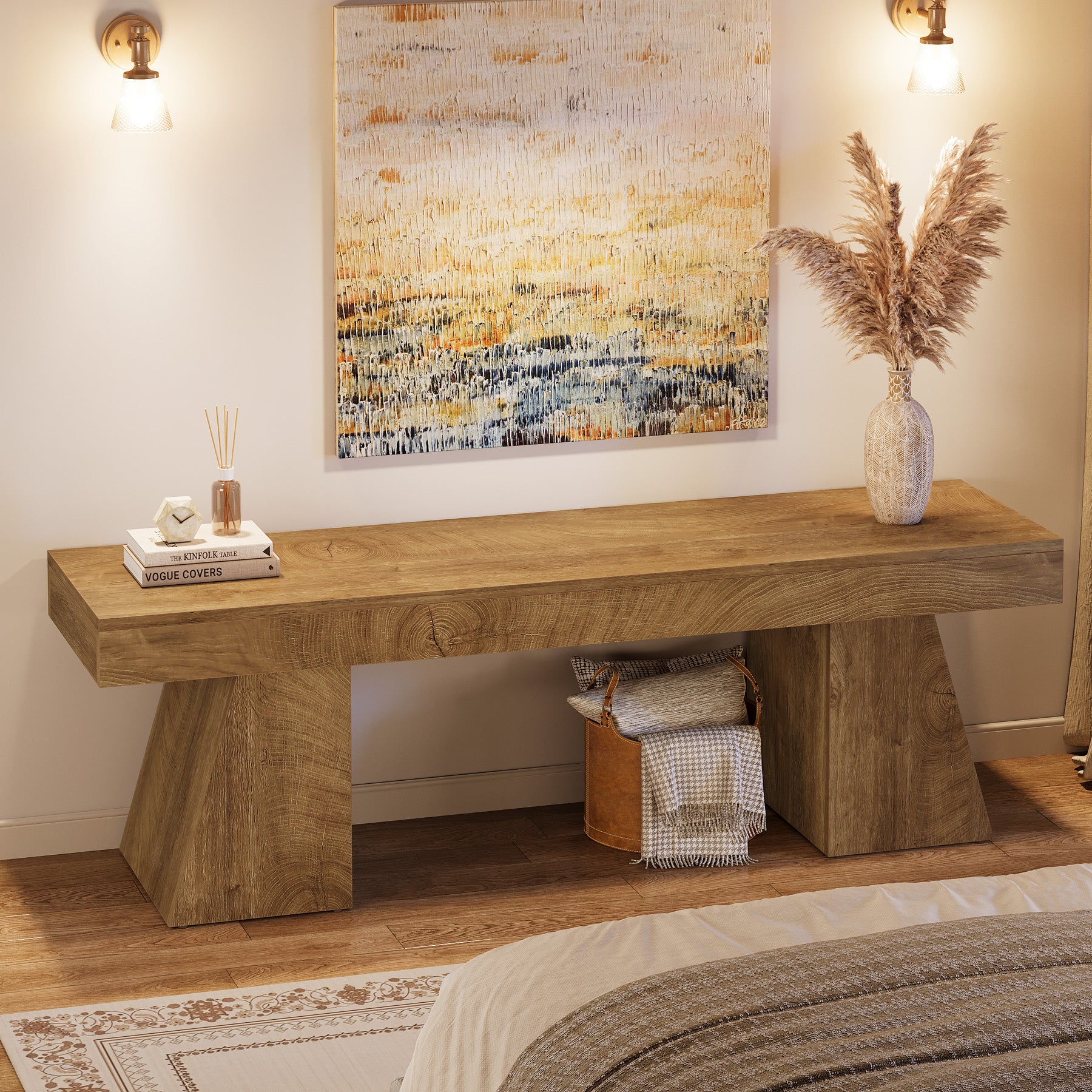 63" TV Stand, Farmhouse Entertainment Center with Geometric Pedestal for 55-75-Inch TVs