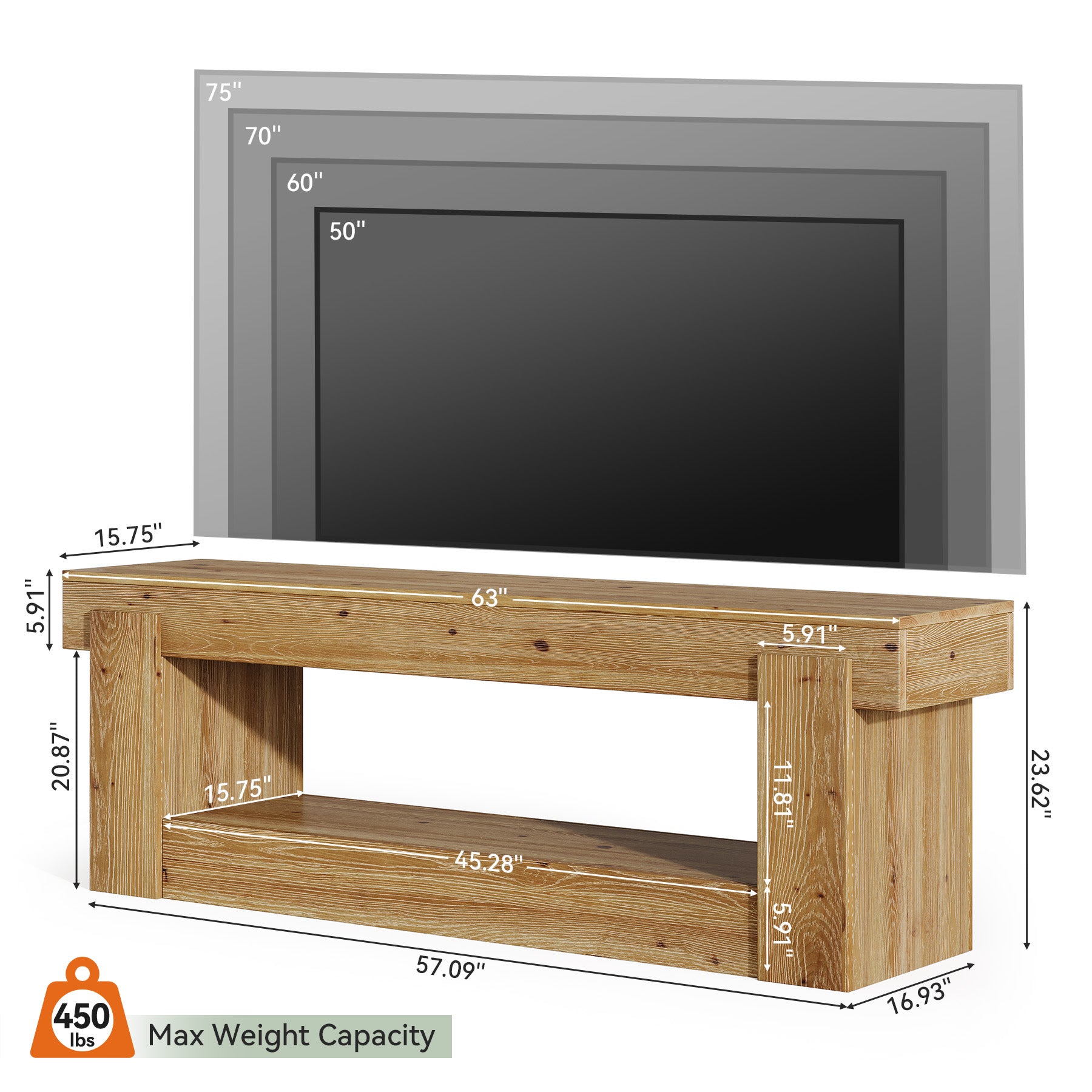 63" TV Stand, Solid Wood Entertainment Center for TVs up to 75 Inches