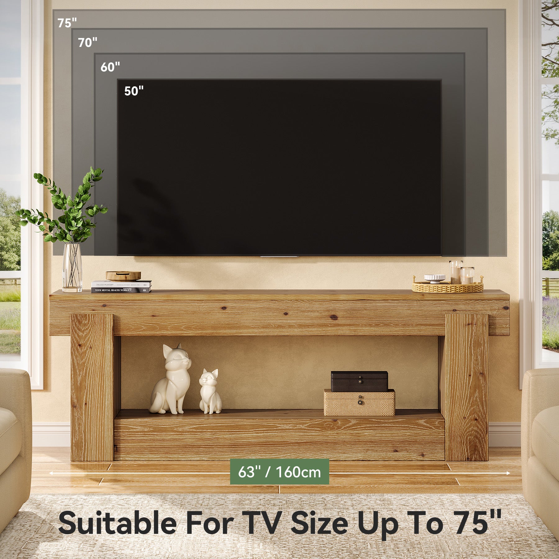 63" TV Stand, Solid Wood Entertainment Center for TVs up to 75 Inches