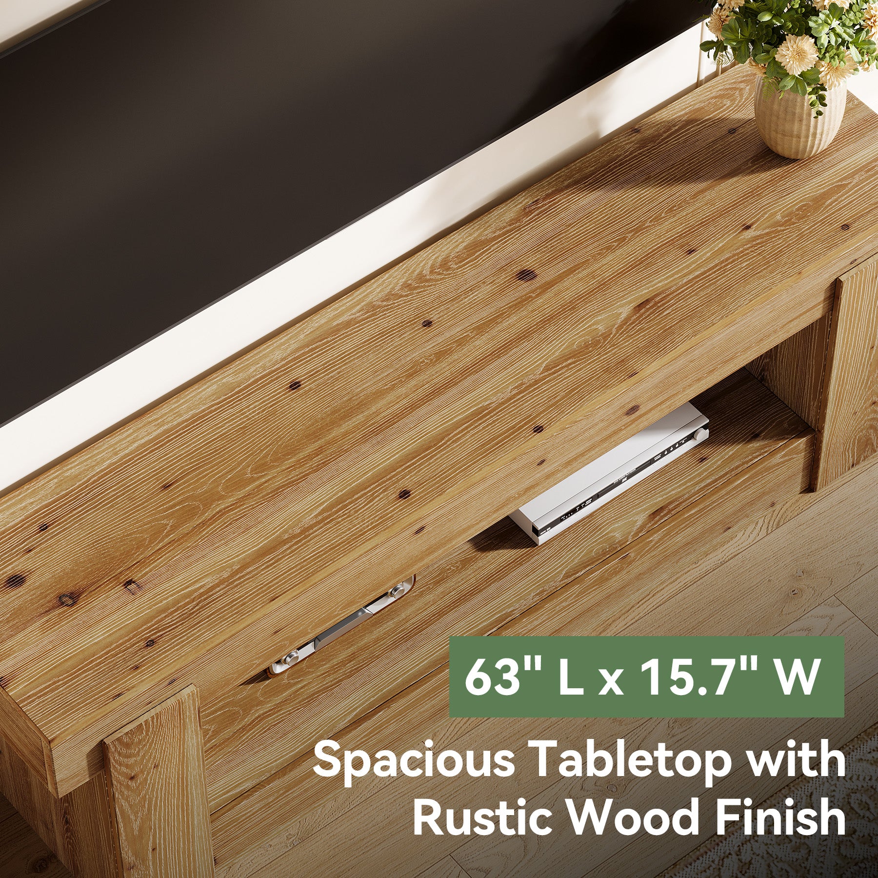 63" TV Stand, Solid Wood Entertainment Center for TVs up to 75 Inches