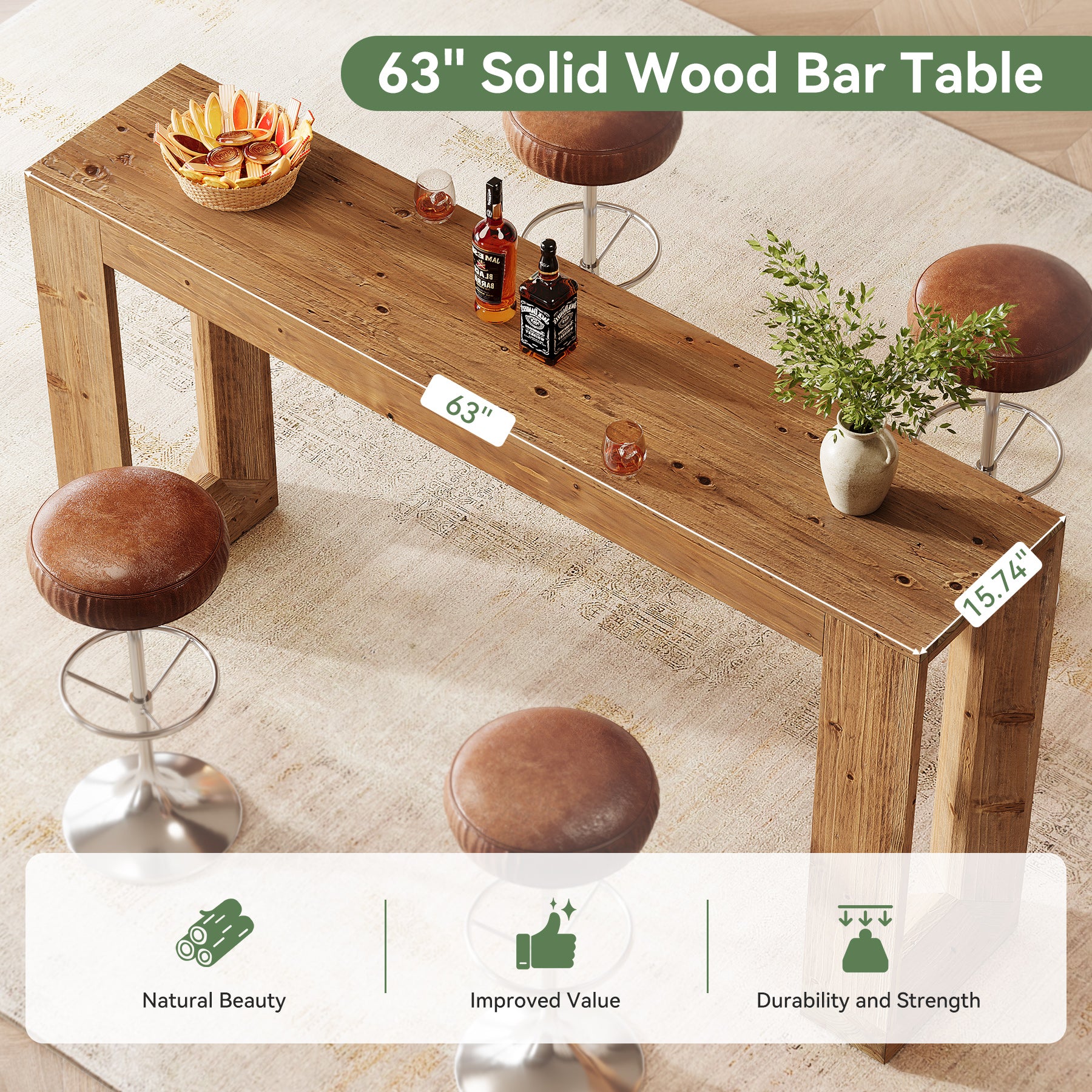 63" Wood Bar Table, Farmhouse Counter Height Pub Table Coffee Bar Units