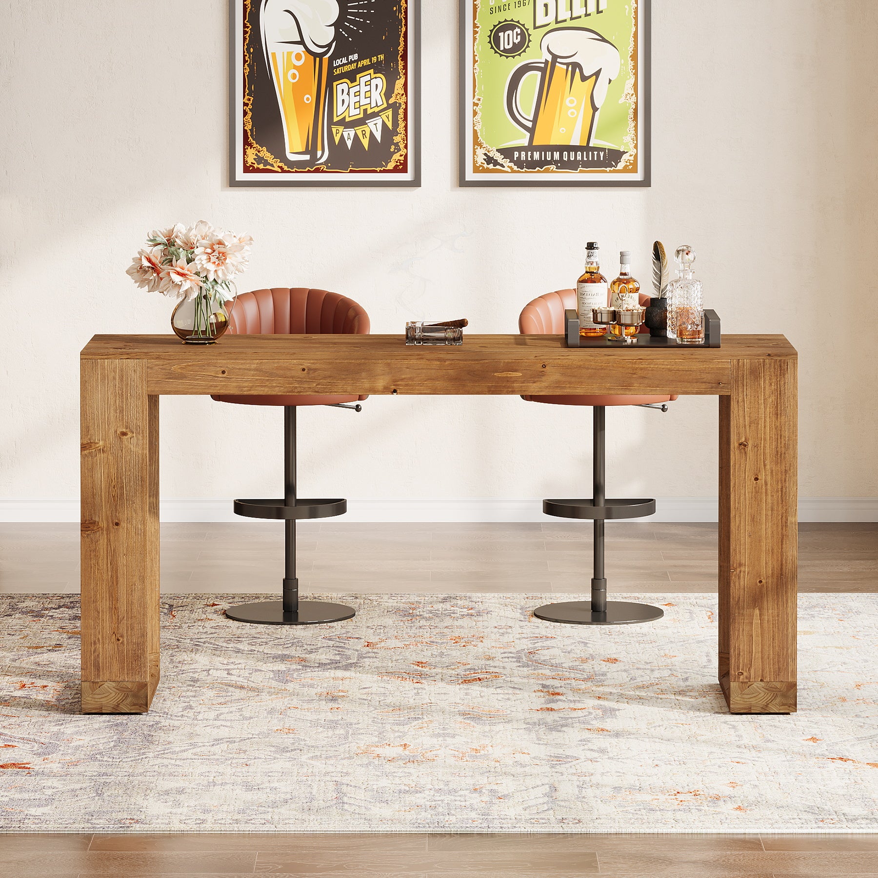 63" Wood Bar Table, Farmhouse Counter Height Pub Table Coffee Bar Units