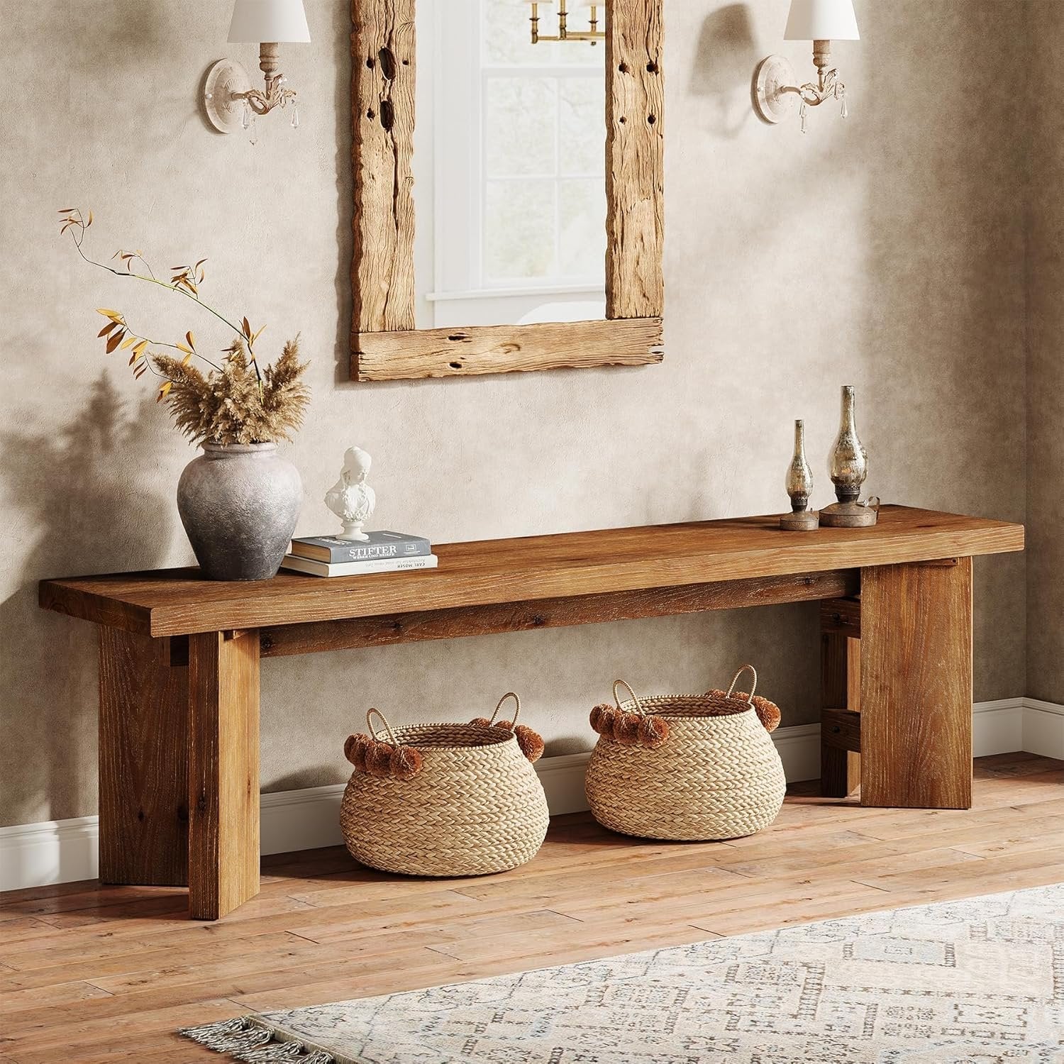 63" Wood Bench, Farmhouse Entryway Bench End of Bed Bench with Thickened Legs