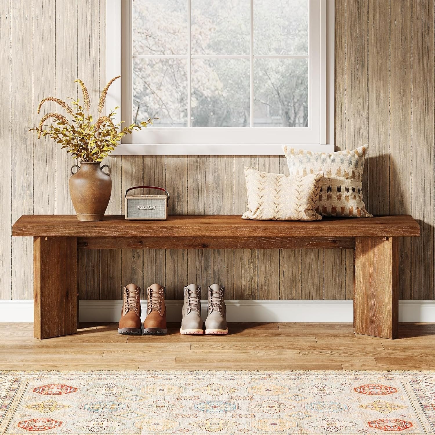 63" Wood Bench, Farmhouse Entryway Bench End of Bed Bench with Thickened Legs