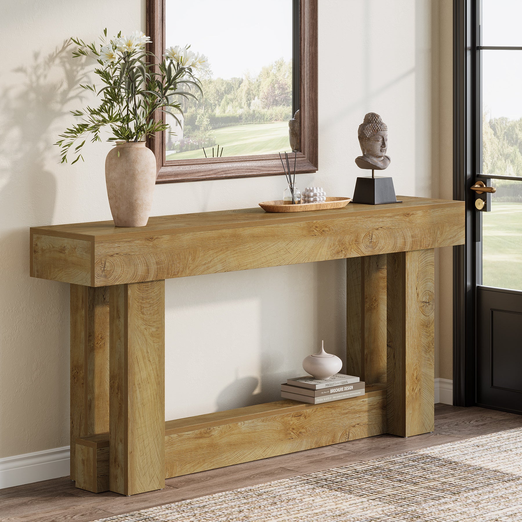 63" Wood Console Table, 2-Tier Farmhouse Entryway Table