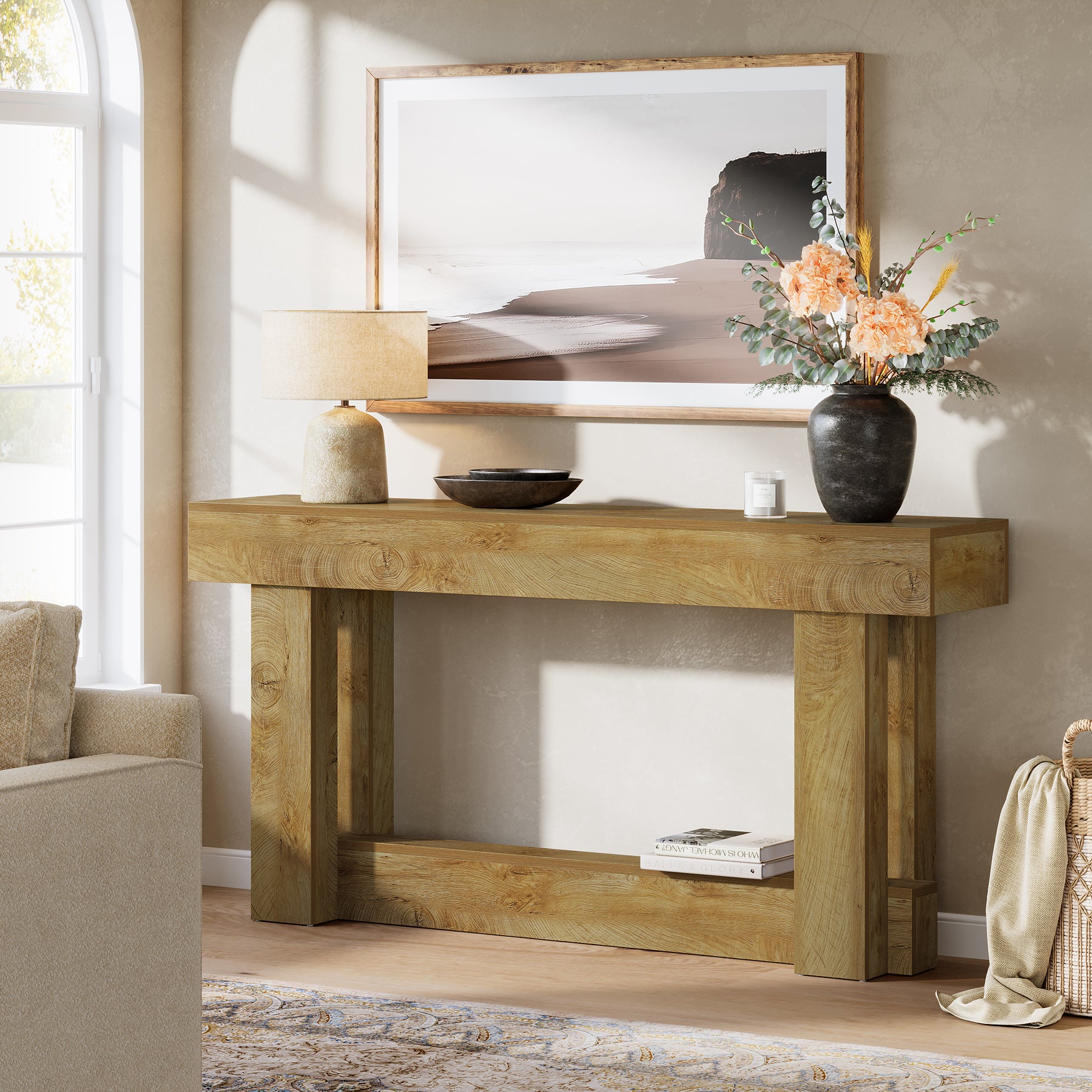 63" Wood Console Table, 2-Tier Farmhouse Entryway Table