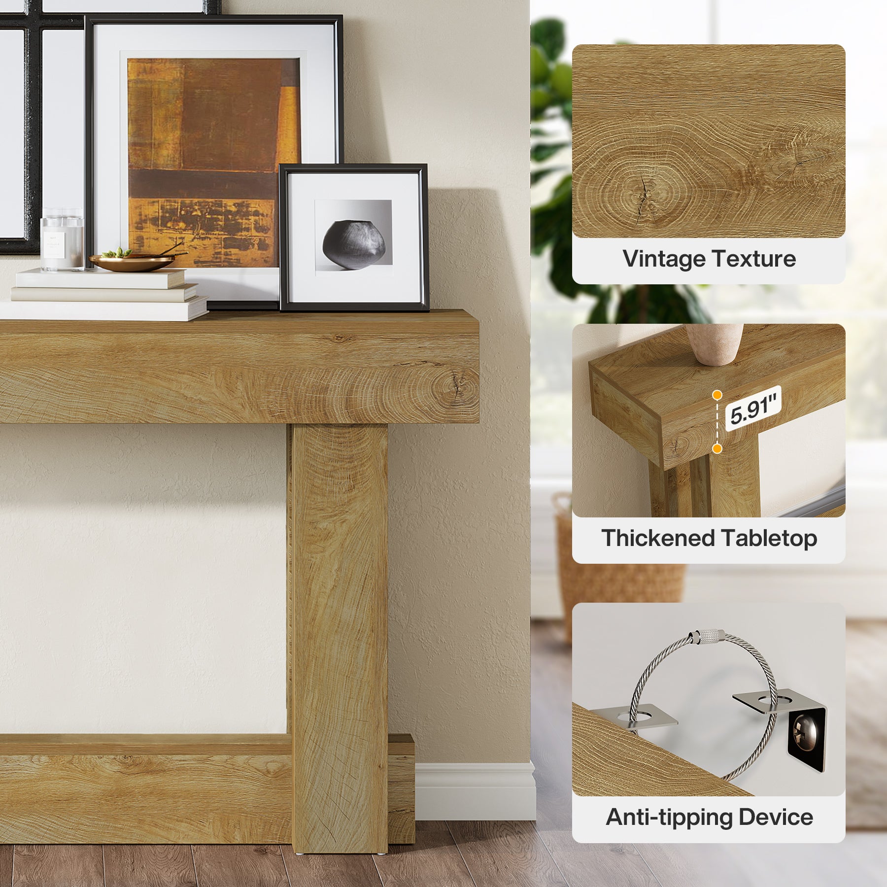 63" Wood Console Table, 2-Tier Farmhouse Entryway Table