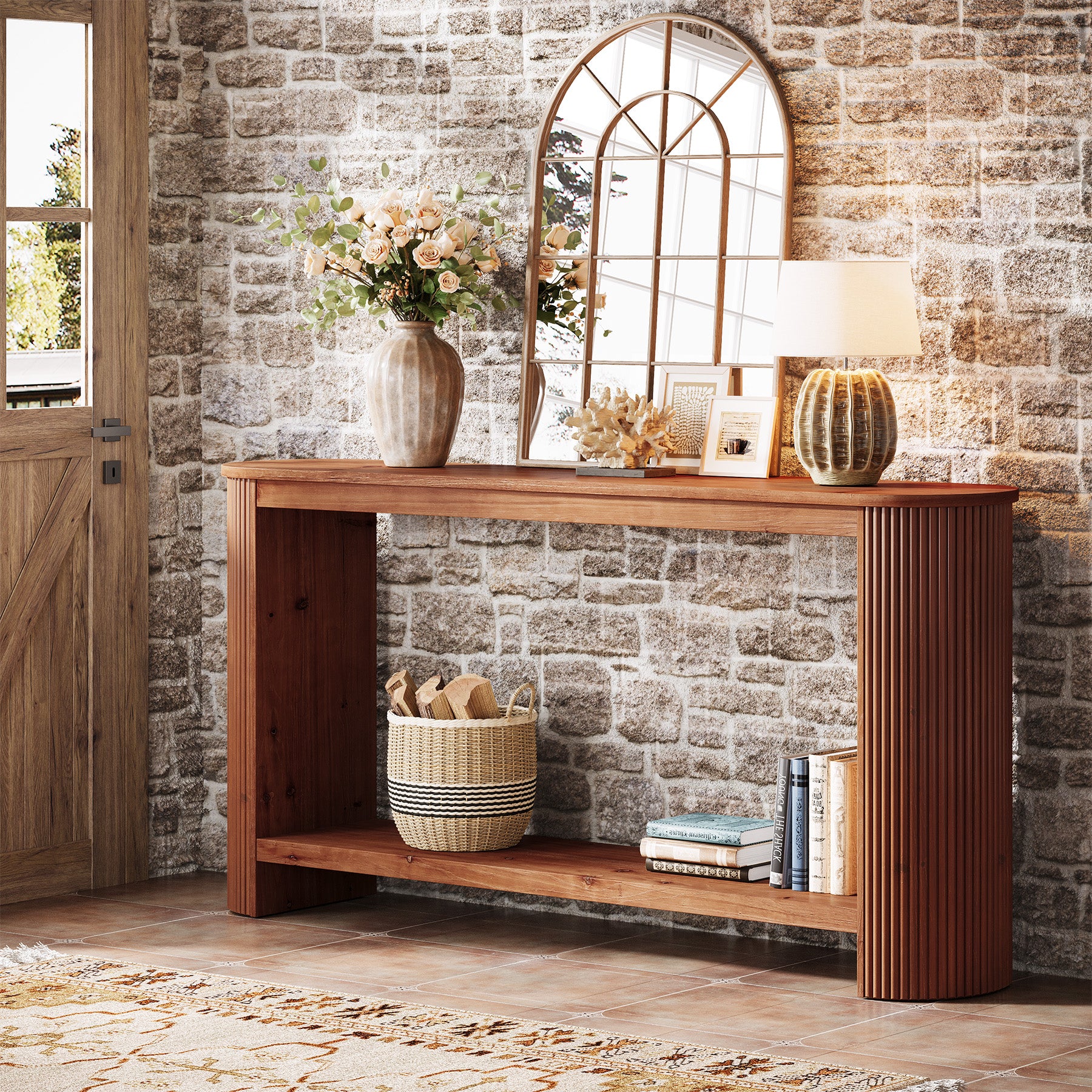 63" Wood Console Table, Farmhouse 2-Tier Sofa Entryway Table for Living Room