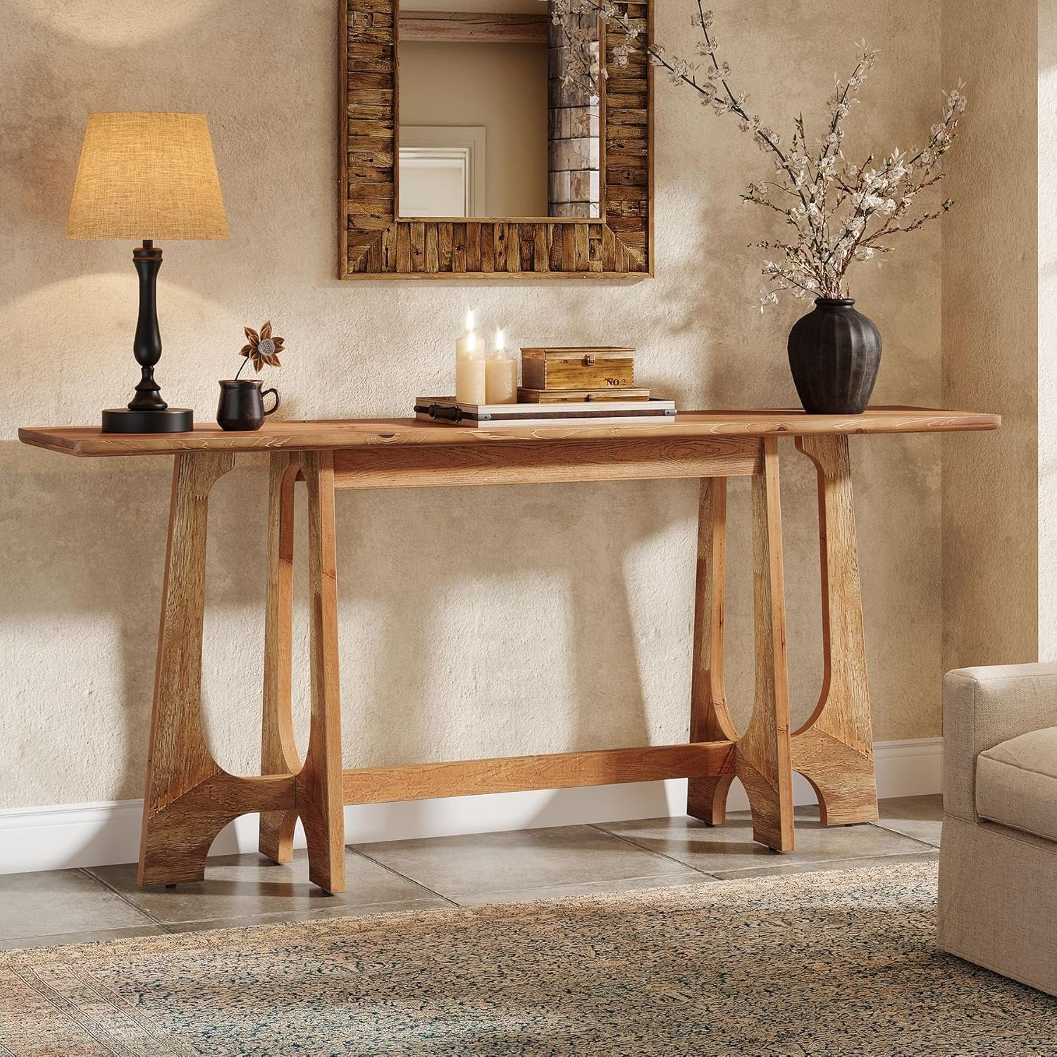63" Wood Console Table, Farmhouse Sofa Table Behind Couch with Geometric Base