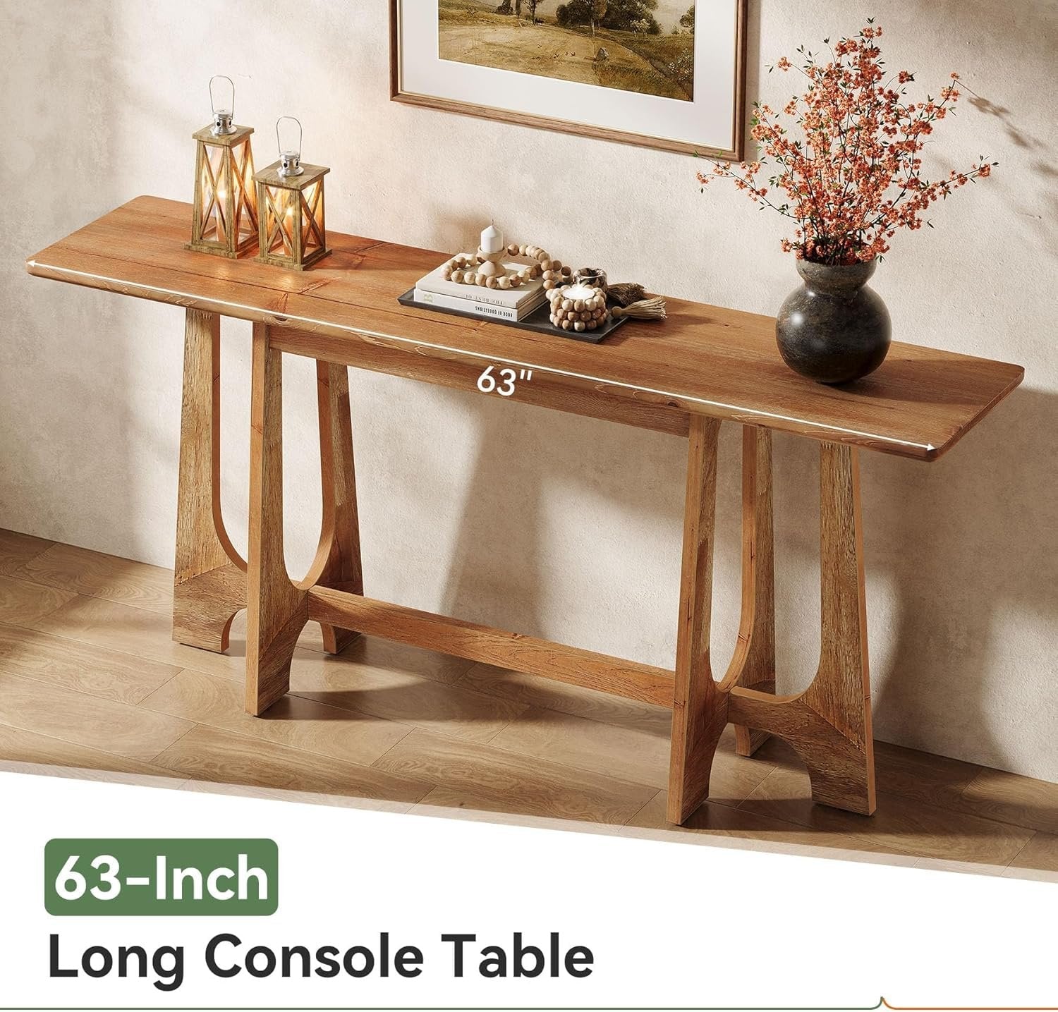 63" Wood Console Table, Farmhouse Sofa Table Behind Couch with Geometric Base