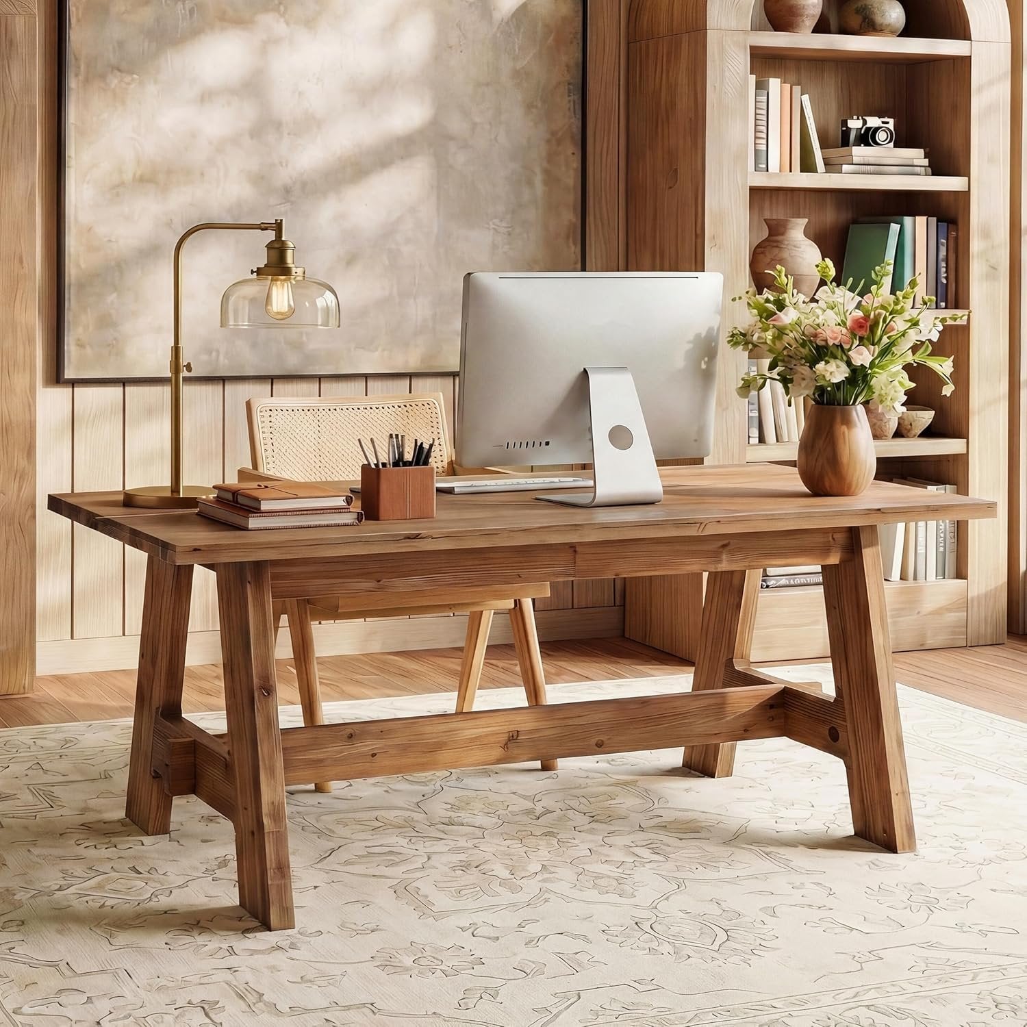63" Wood Executive Office Desk, Large Rustic Computer Writing Desk for Home Office, Living Room