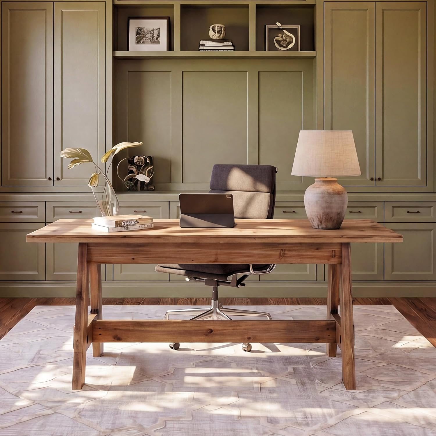 63" Wood Executive Office Desk, Large Rustic Computer Writing Desk for Home Office, Living Room