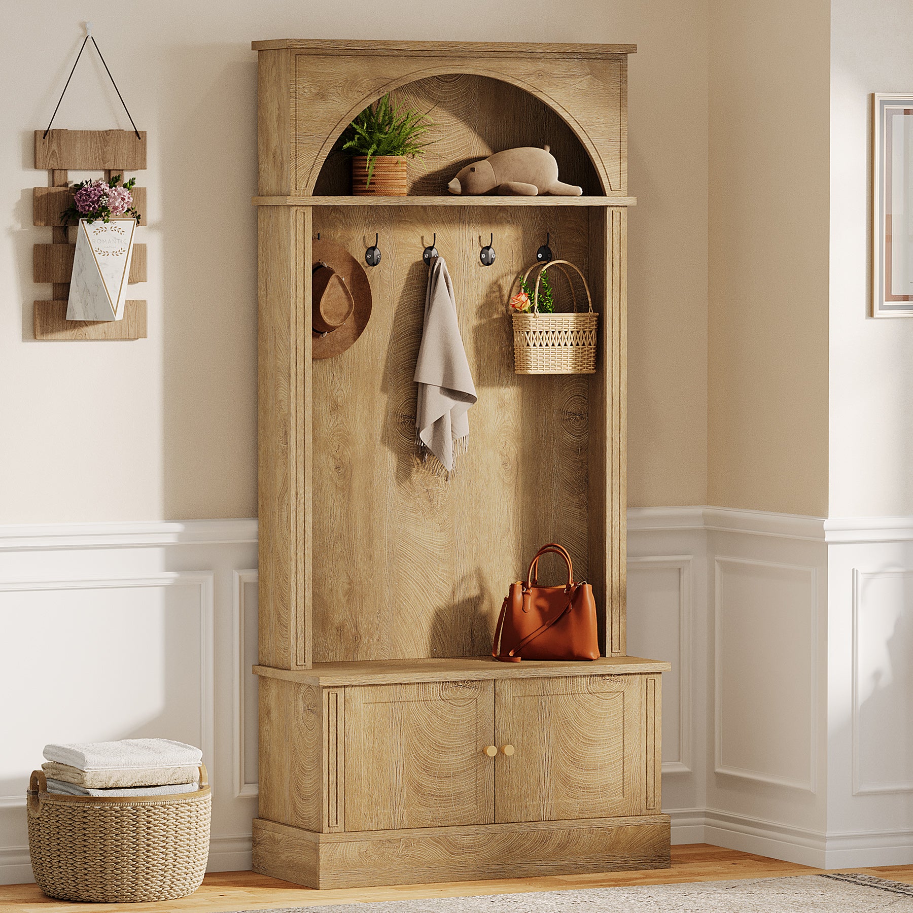 70.8" Hall Tree, 4-in-1 Entryway Coat Rack Shoe Storage with 5 Double Hooks