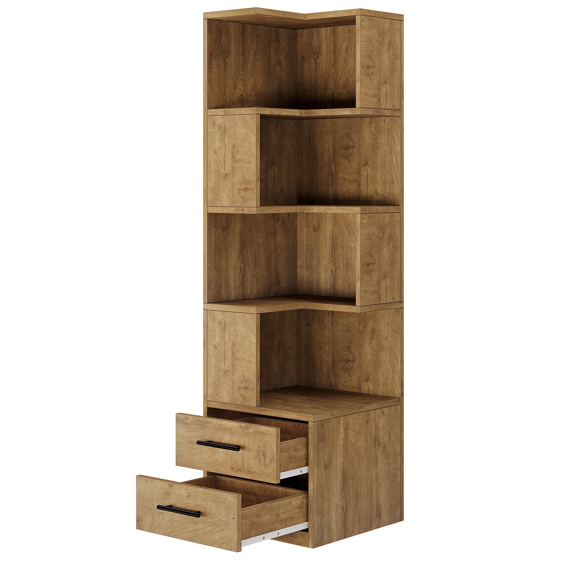 66.9" L-Shaped Bookshelf, Corner Bookcase With 5-Tier Shelf And 2 Drawers