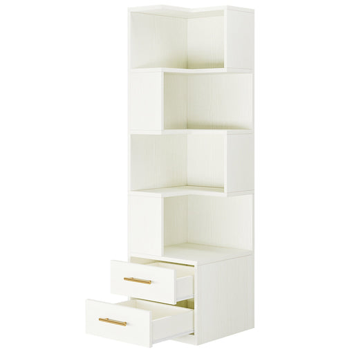 66.9" L - Shaped Bookshelf, Corner Bookcase With 5 - Tier Shelf And 2 Drawers Tribesigns