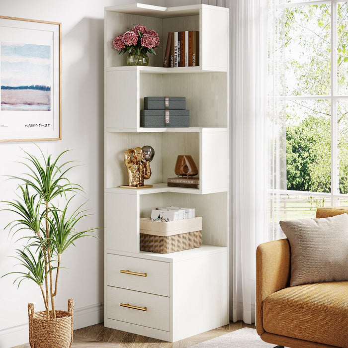 66.9" L - Shaped Bookshelf, Corner Bookcase With 5 - Tier Shelf And 2 Drawers Tribesigns