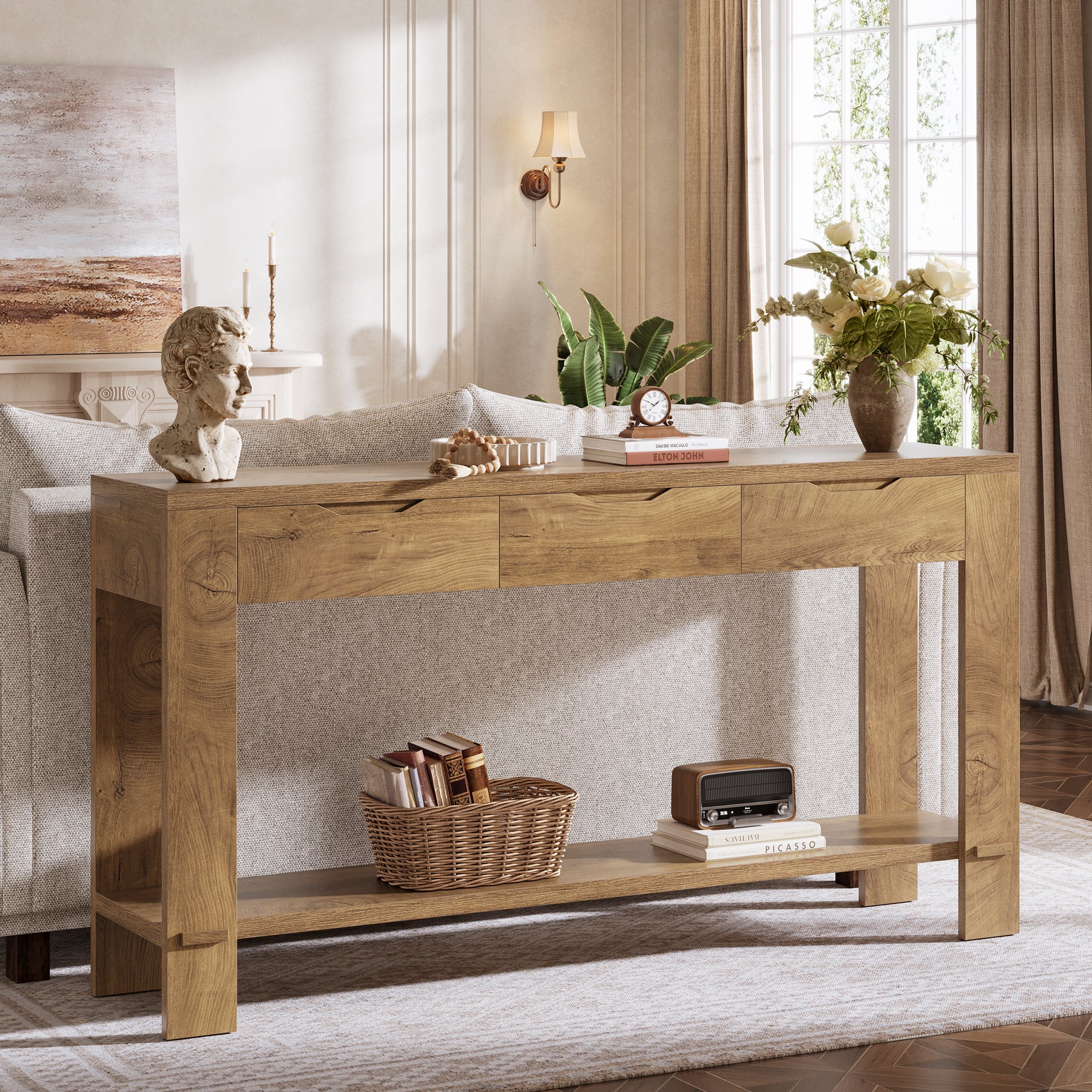 67“ Console Table, Narrow Farmhouse Entryway Table with 3 Storage Drawers