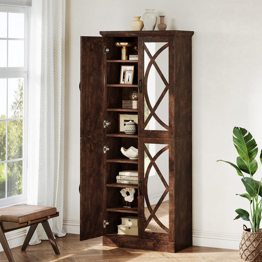 68" Bookcase, Storage Cabinet Pantry Cabinet With 4 Mirrored Doors Tribesigns