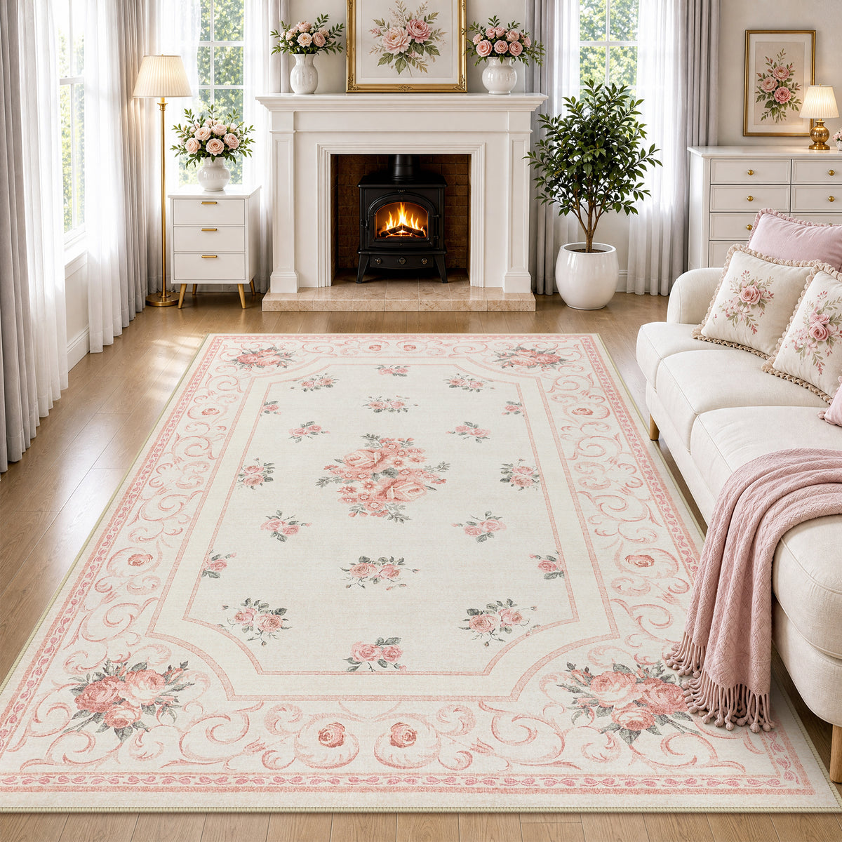 Boho Floral Area Rug,Washable Non-Slip Vintage Carpet for Living Room Bedroom