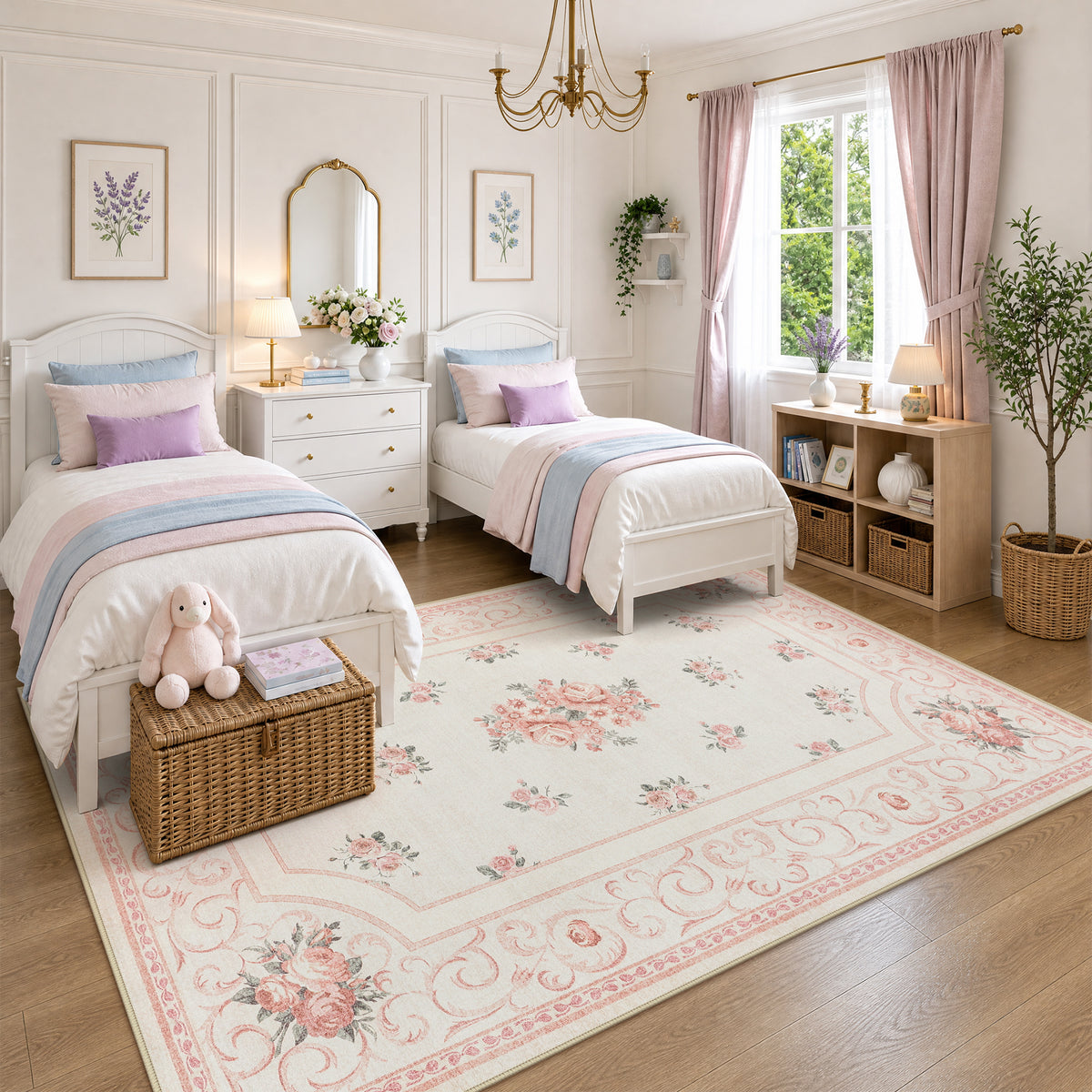 Boho Floral Area Rug,Washable Non-Slip Vintage Carpet for Living Room Bedroom