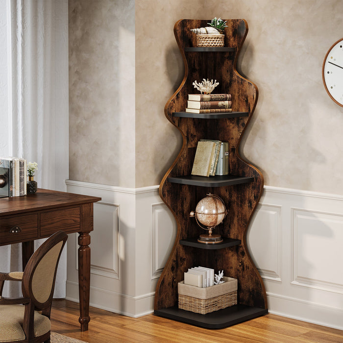 69" Wood Bookshelf, 5 - Tier Corner Shelf Storage Plant Stand Tribesigns