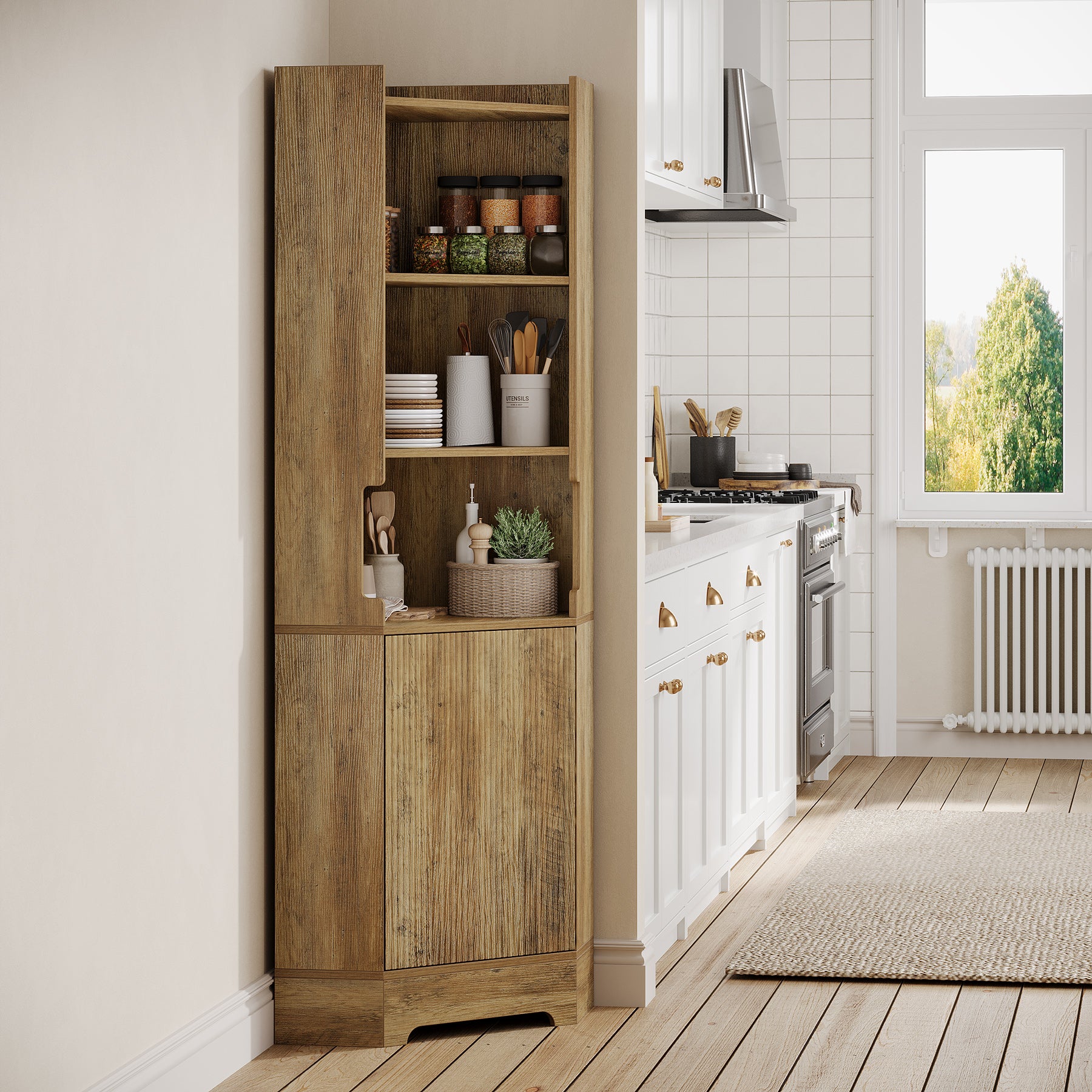 69" Storage Cabinet, Farmhouse Corner Bookcase Organizer with 4 Open Shelves