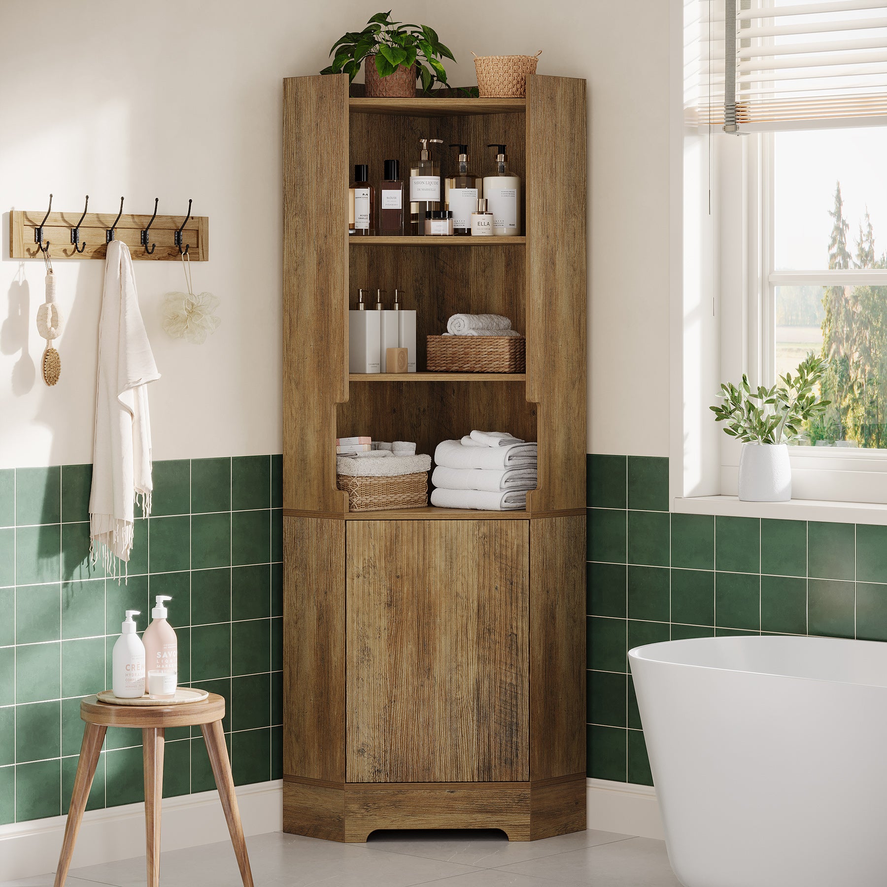 69" Storage Cabinet, Farmhouse Corner Bookcase Organizer with 4 Open Shelves