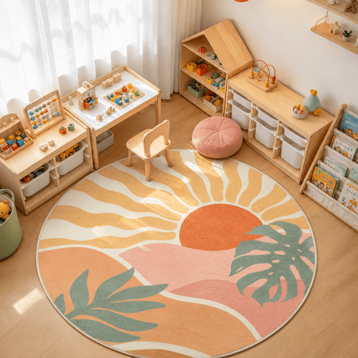 Boho Sun Area Rug, Machine Washable Faux Wool Rug, Non-Slip, Kid & Pet Friendly, Washable Living Room Carpet