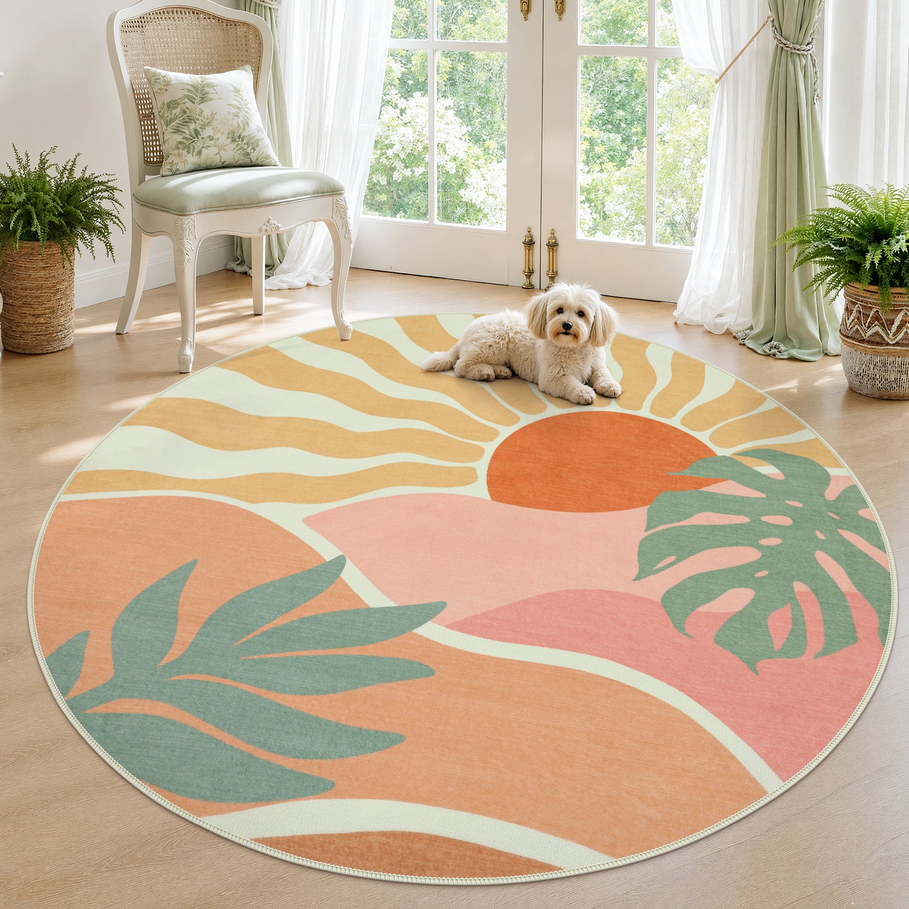 Boho Sun Area Rug, Machine Washable Faux Wool Rug, Non-Slip, Kid & Pet Friendly, Washable Living Room Carpet