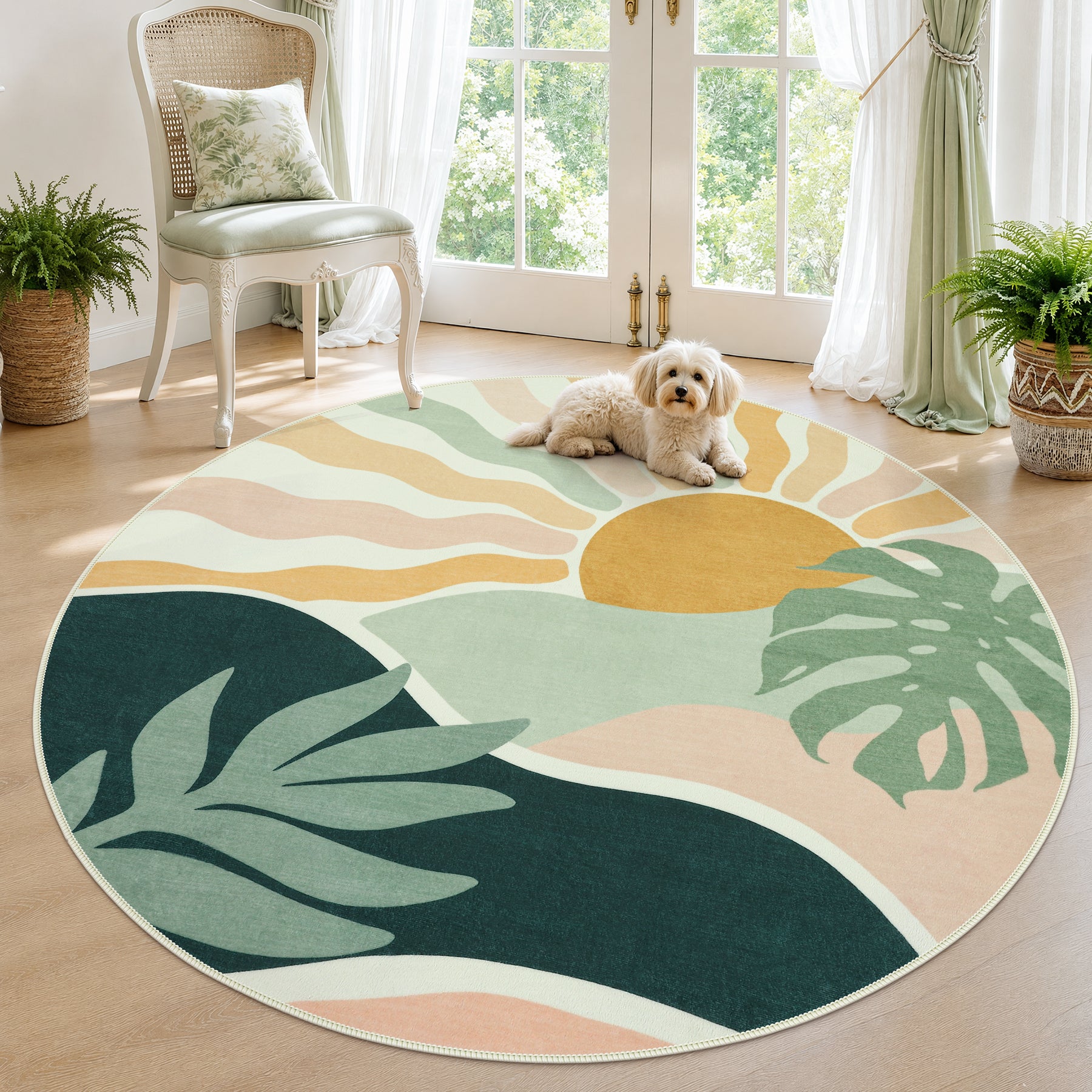 Boho Sun Area Rug, Machine Washable Faux Wool Rug, Non-Slip, Kid & Pet Friendly, Washable Living Room Carpet